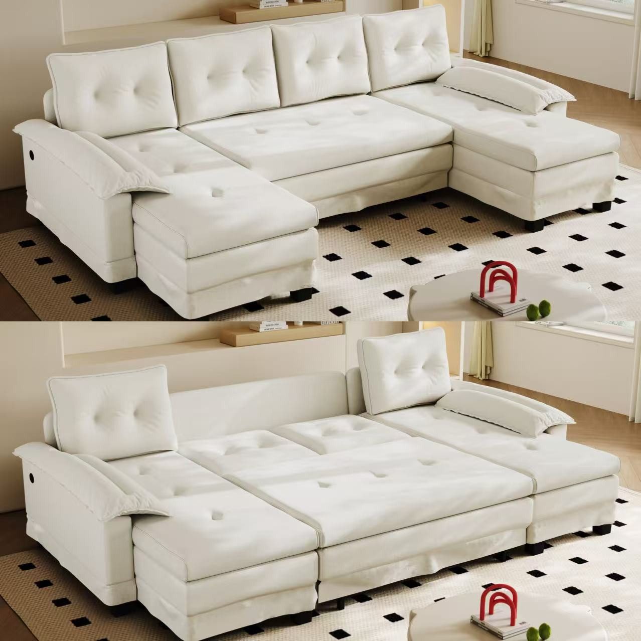 Totnz Schlafsofa Modulares U-Form Sofa mit Schlaffunktion & USB-Anschluss, 2-in-1 Schlafsofa mit abnehmbaren Armlehnen, Chenille-Bezug, inkl. Kissen, modernes Wohnzimmer Ecksofa mit Holzrahmen