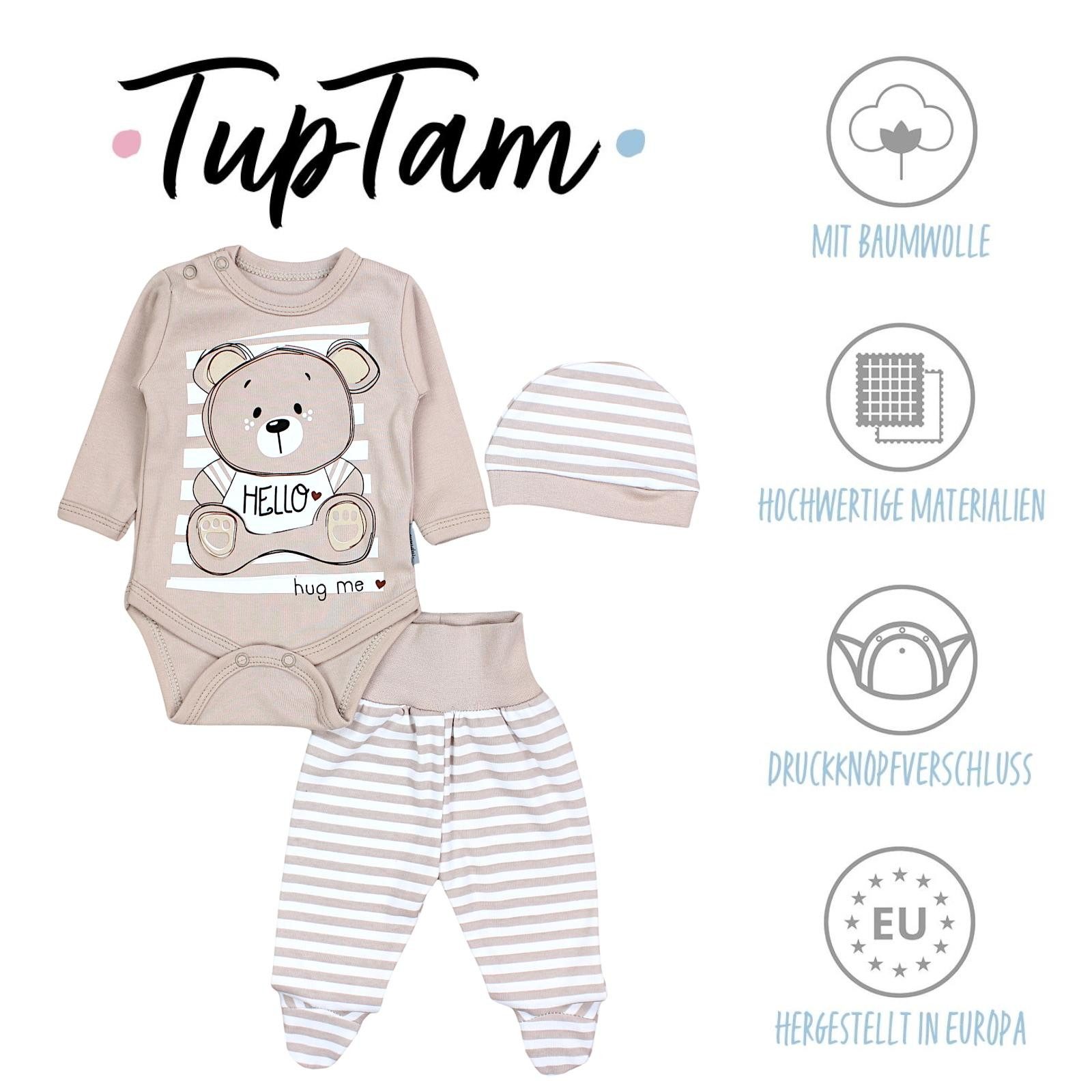 TupTam Langarmbody Baby Mädchen Jungen Bekleidungsset Langarmbody Hose Mütze mit Spruch