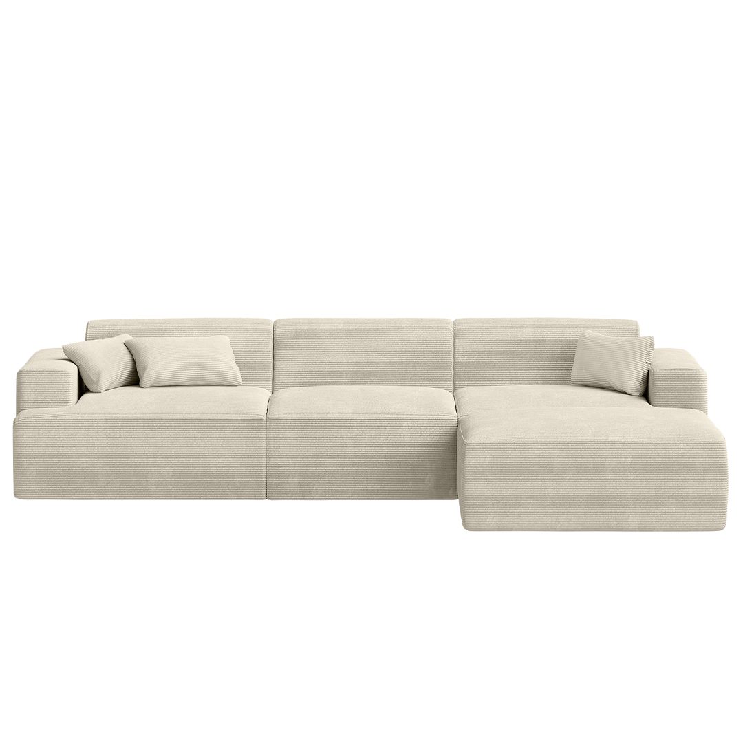 skølm Sofa Freki aus Cord, Vollschaumcouch mit Federkern und Vakuum-Kompression, Beige, Couch 4 Sitzer inkl. Hocker und 3 Kissen, kein Aufbau erforderlich