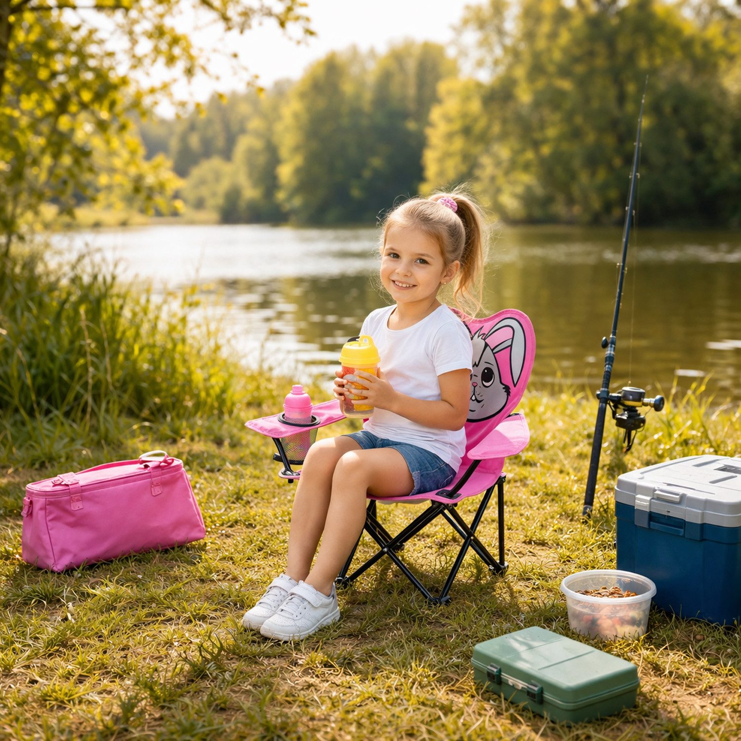Mojawo Klappstuhl Kinder Anglersessel Pink mit Getränkehalter und Tasche Motiv Hase – Bild 2 von 5