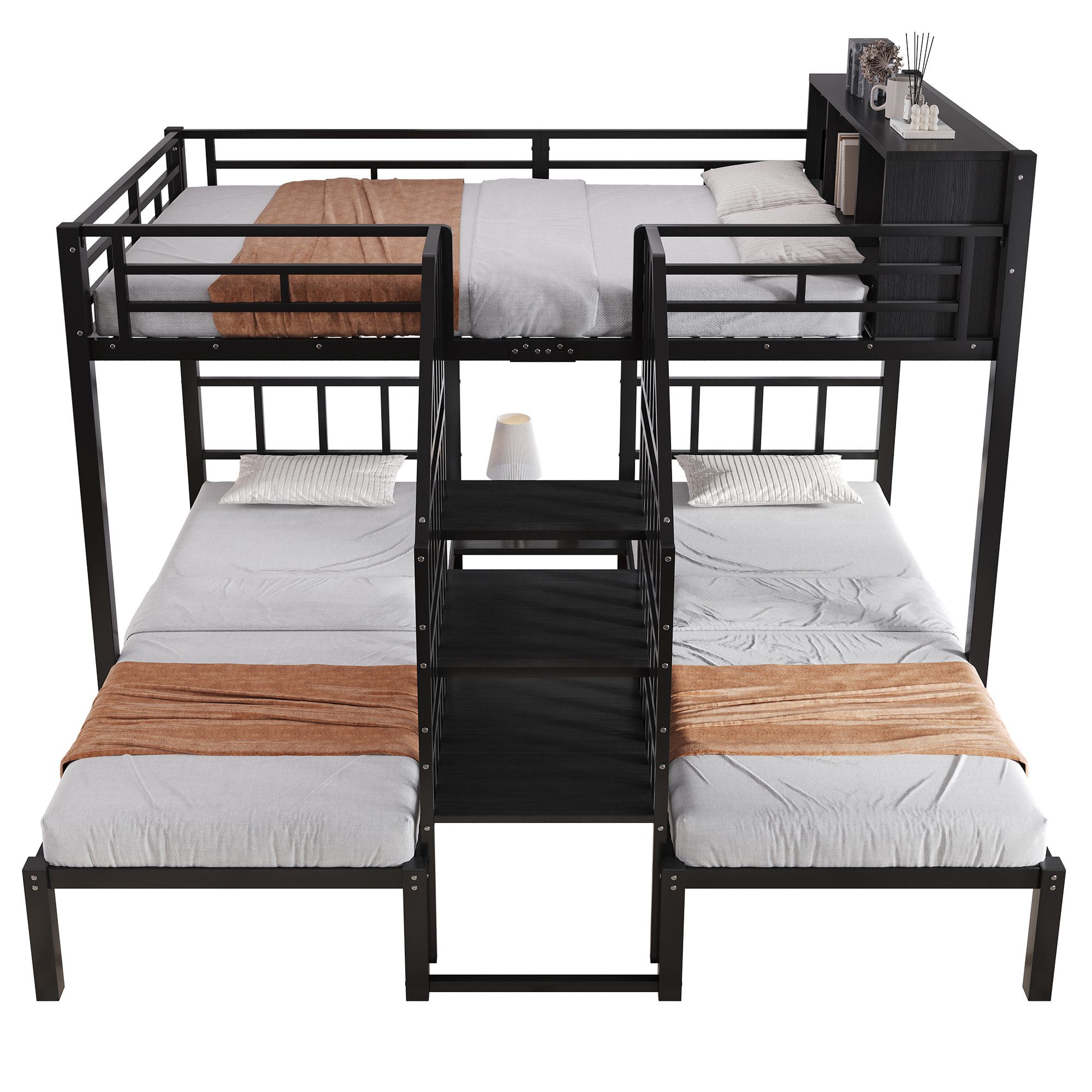 SOFTWEARY Etagenbett mit 3 Schlafgelegenheiten (90x200cm/140x200cm), Metallbett mit Rausfallschutz, Treppe und Stauraum