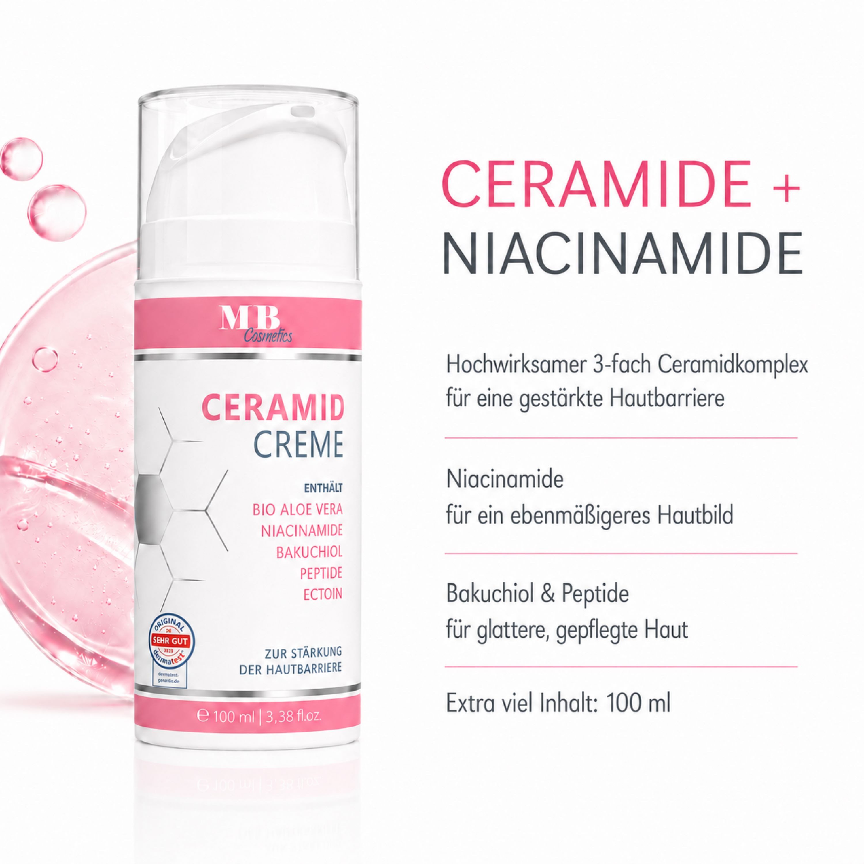Medical Beauty Cosmetics Tagescreme Ceramide Creme mit Aloe Vera, Bakuchiol, Niacinamid & Ectoin 100 ml Packung, 3 Ceramide, ohne Duftstoffe, Vegan, Stärkung der Hautbarriere