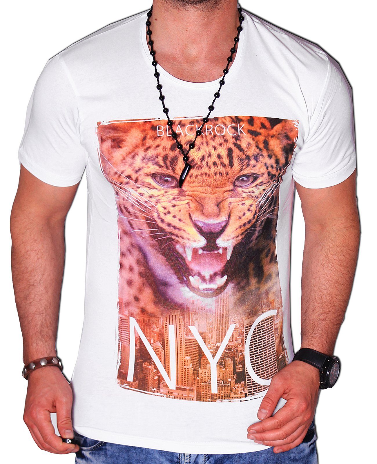 BLACKROCK T-Shirt T-Shirt Urlaub Leopard Tiger kurzarm Rundhals bedruckt Slim-Fit Weiß
