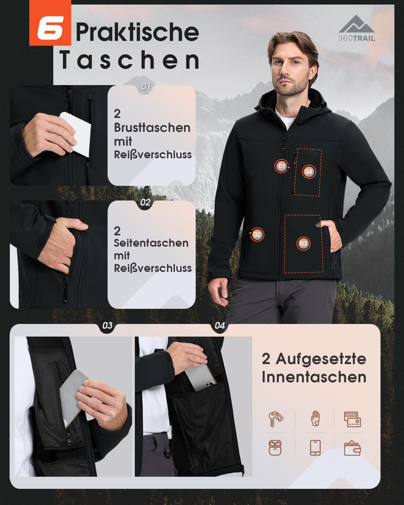 360Trail Outdoorjacke Softshelljacke Skayra wasserdichte winddichte Herren Übergangsjacke Microfleece-Innenfutter, atmungsaktiv, wasserdicht – Bild 5 von 5