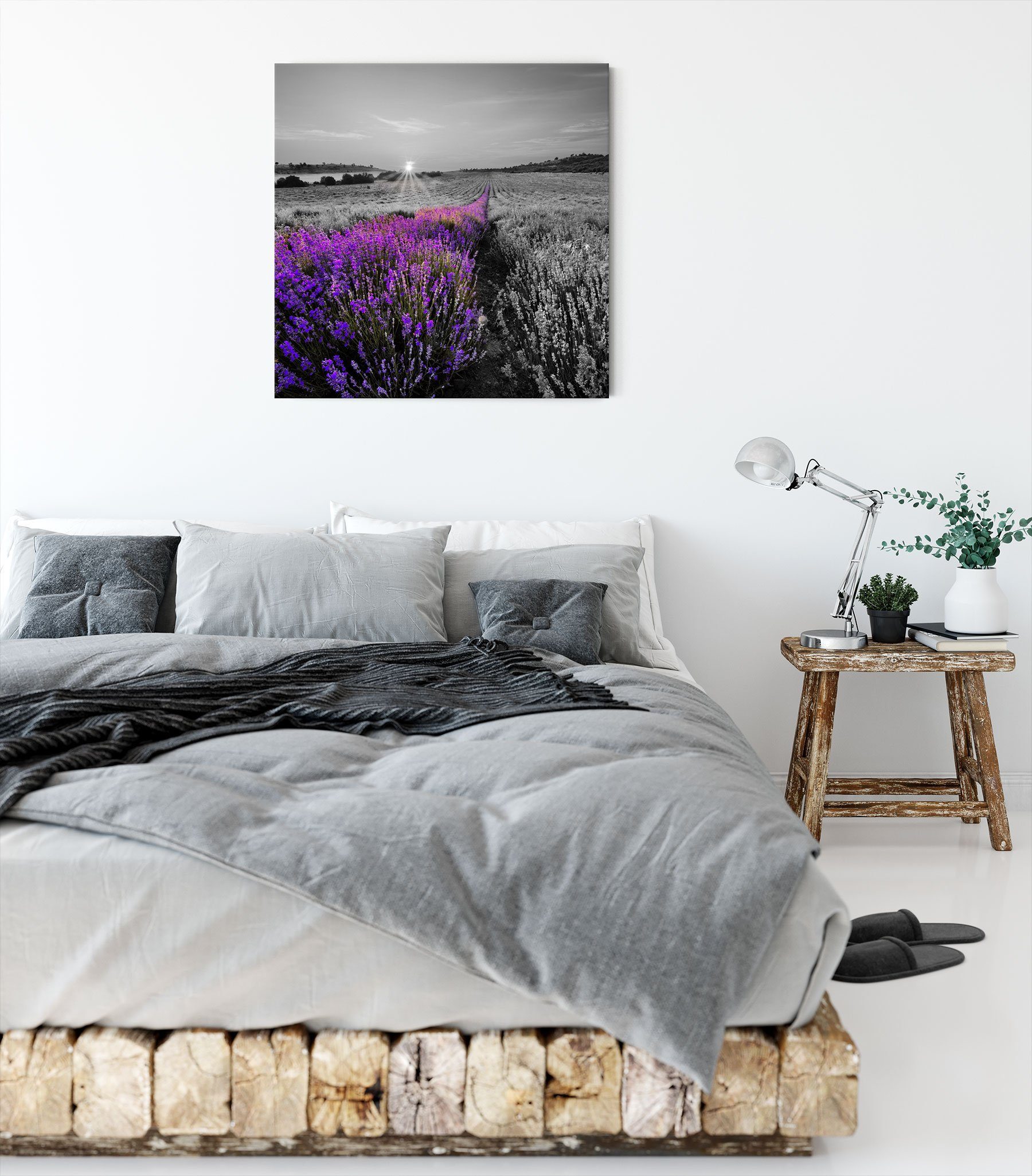 Pixxprint Leinwandbild (1 inkl. Frankreich, St), fertig bespannt, Leinwandbild Zackenaufhänger Lavendelfeld Frankreich in in Lavendelfeld