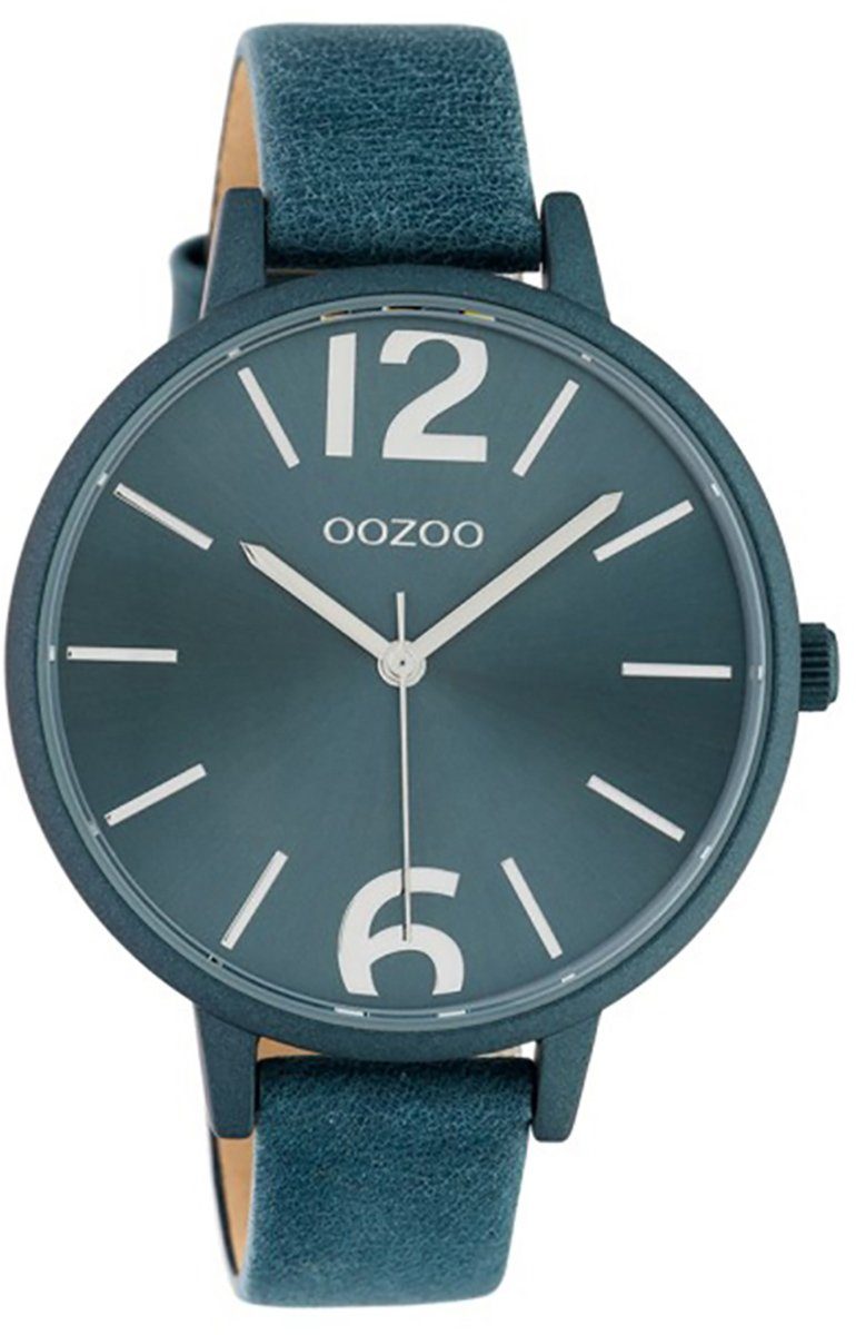 OOZOO Quarzuhr Oozoo Damen Armbanduhr petrol, Damenuhr rund, groß (ca.  42mm), Lederarmband blau, petrol, Fashion