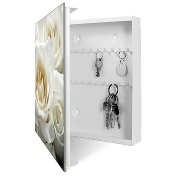 banjado Schlüsselkasten Glas White Roses (Stahl Gehäuse, mit 50 Haken), 30 x 30 x 5 cm