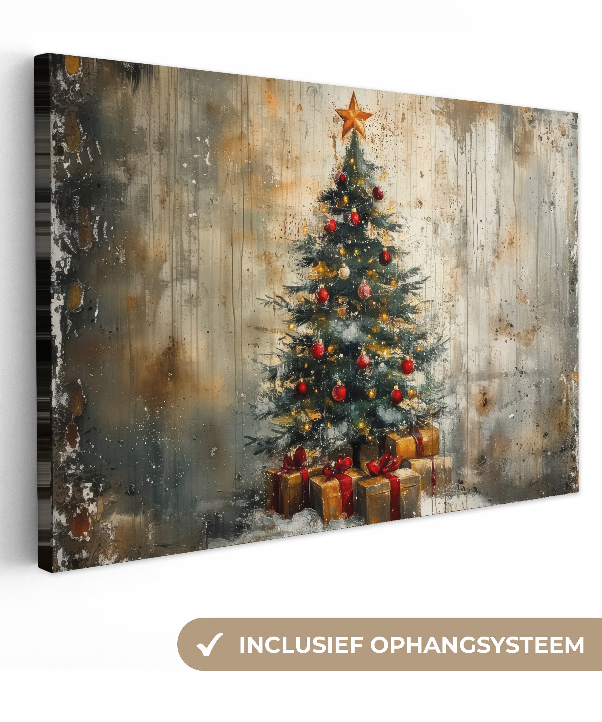 OneMillionCanvasses® Leinwandbild Weihnachtsbaum - Vintage - Weihnachten - Geschenk, Fotodruck (1 St), Leinwand Bilder Klein, Wand Dekoration Aesthetic 30x20 cm