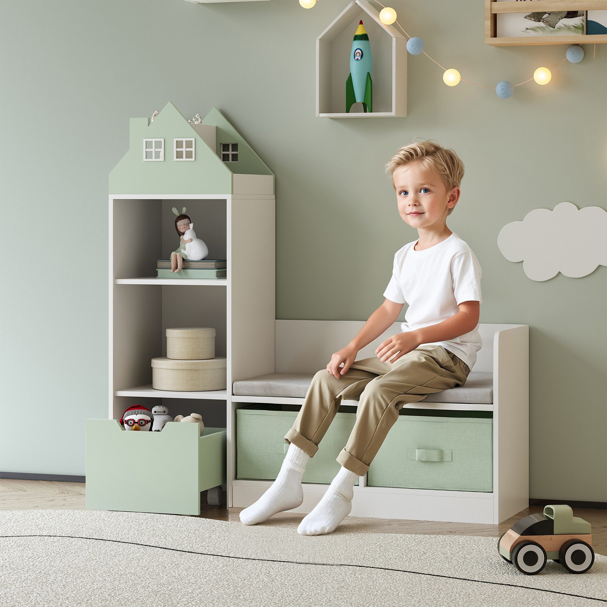 en.casa Sitzbank, mit Regal für Kinder »Vipsali« mit 2 Faltboxen 100x99x30 cm Mint/Weiß
