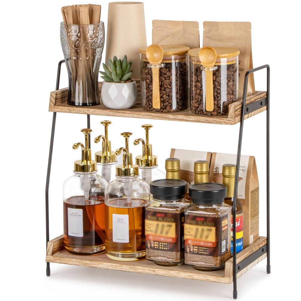 TUWENA Gewürzregal 2 Etage Gewürzregal, Kaffeeregal aus Holz, Küchenregal Arbeitsplatte