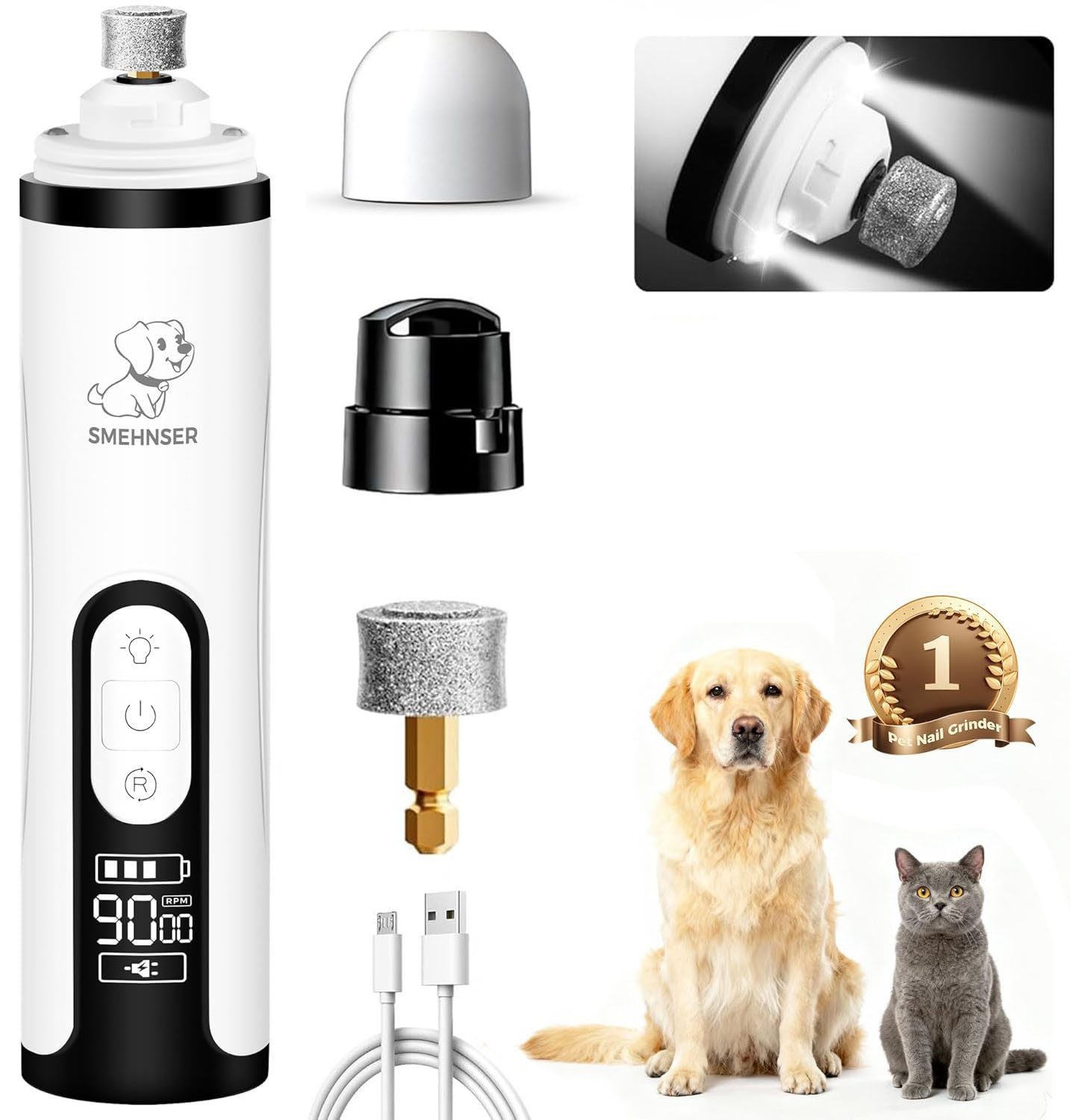 MOPUEA Hundeschermaschine Haustiernagelschleifer, USB-Aufladung,schnurloser Nagelschleifer, für kleine, mittelgroße und große Hunde und Katzen, mit 3 einstellbaren Geschwindigkeiten und LED-Licht
