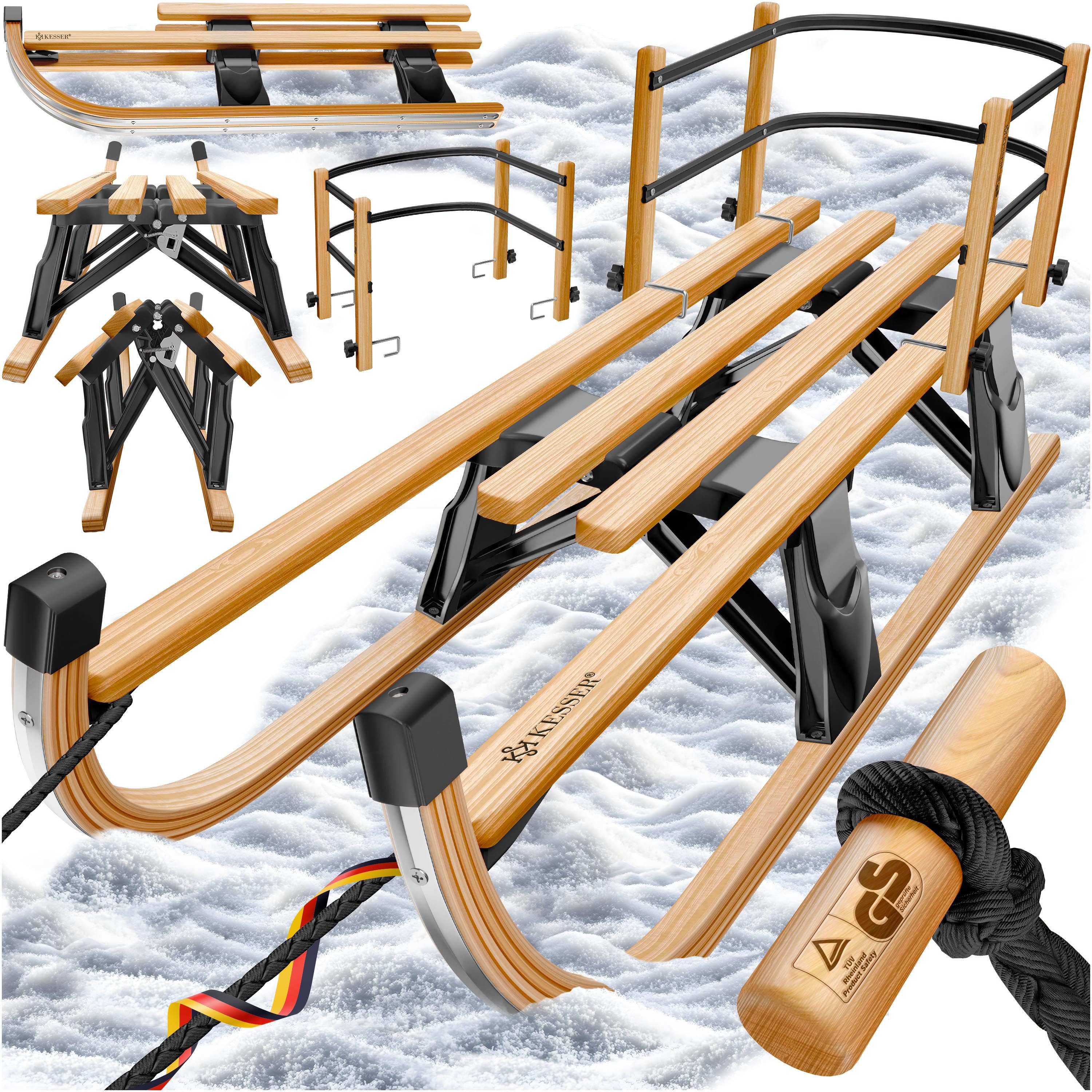 KESSER Schlitten, Holzschlitten Premium Kinderschlitten Faltschlitten max. bis 120kg