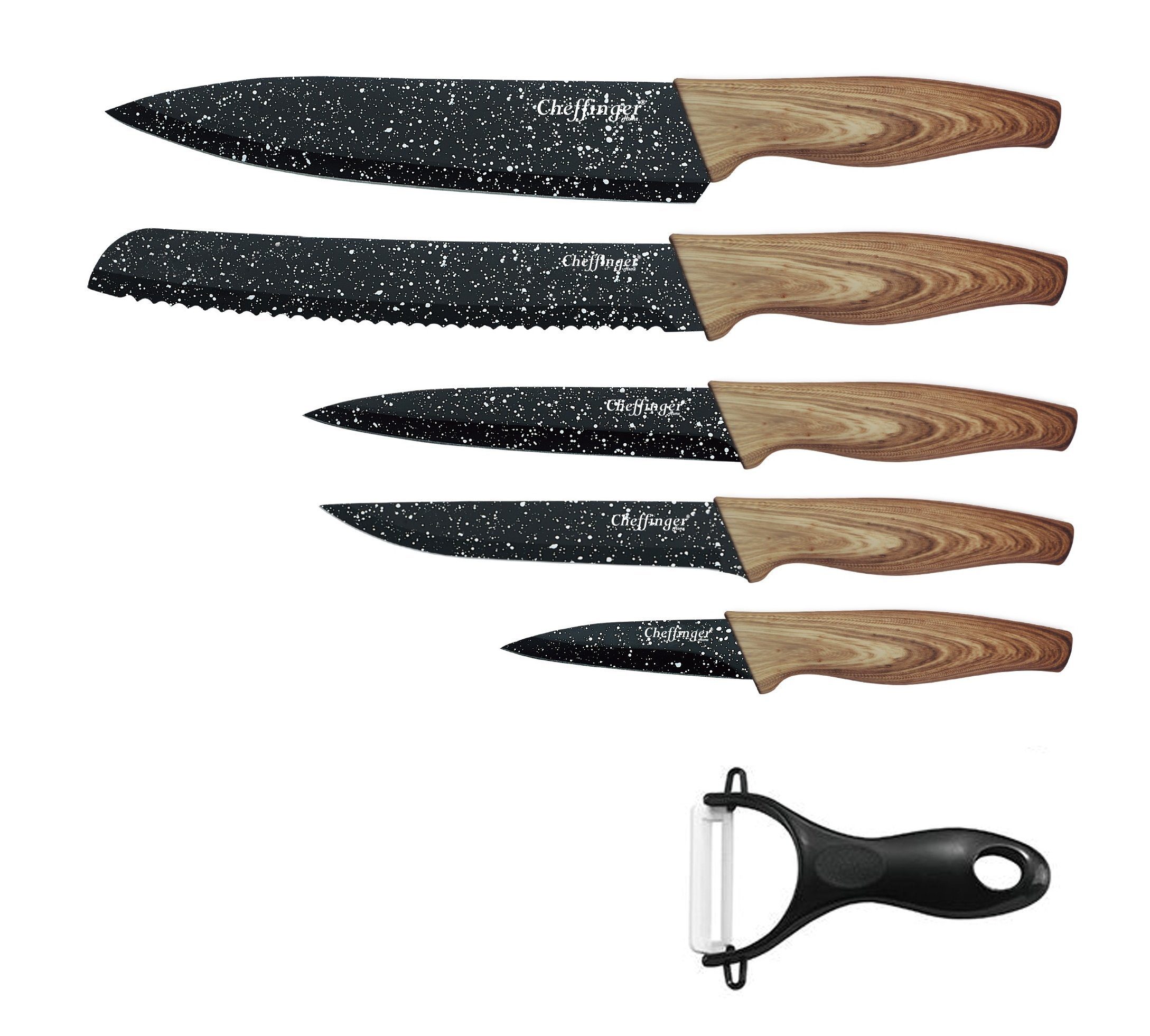 Cheffinger Messer-Set Messerset 6-tlg Messer Kochmesser Sparschäler.MB06 Holzoptik