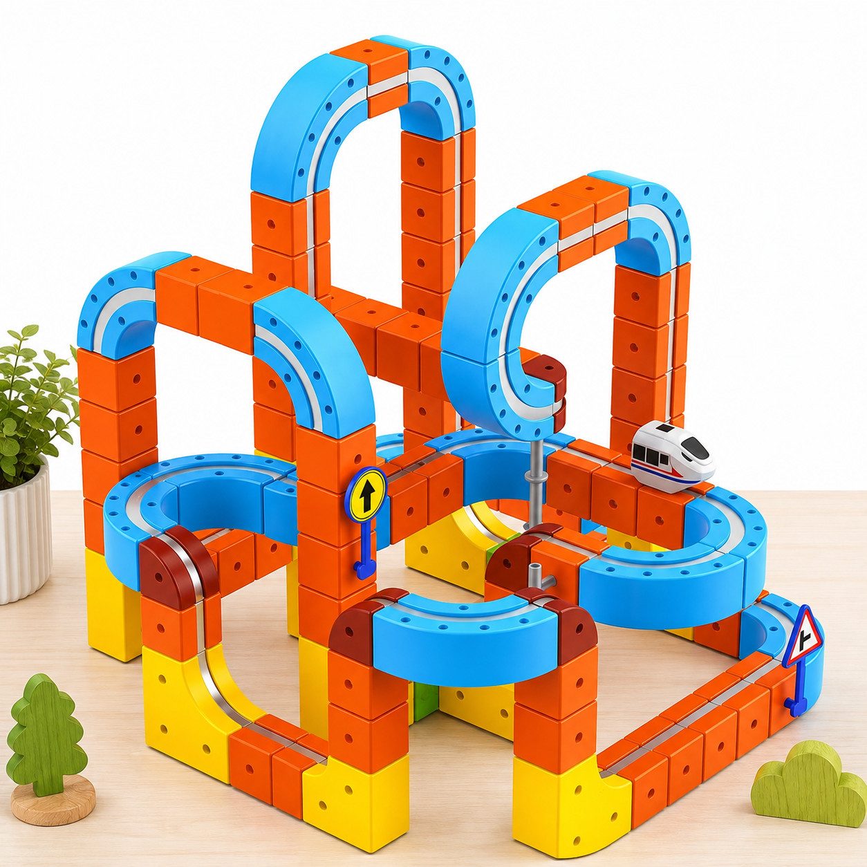Wootoy Spielzeug-Eisenbahn Autorennbahn Lernspielzeug Zugbahn-Set Spielzeug-Zug mit USB-aufladbar, (mit Anti-Gravity-Technologie Saugnapf-Befestigung, 150-tlg., fördert Kreativität, logisches Denken und praktische Fähigkeiten), 3D-Streckensystem für Brück