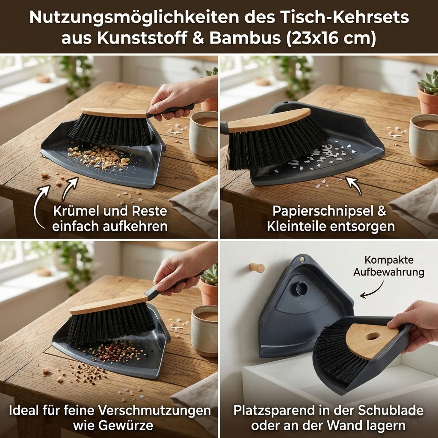 Macosa Home Krümelkehrer Tischkehrset Tischbesen Kehrschaufel Bambus Holz, (Tischbesen Mini Besen Schaufel Set, 1-tlg., Kehrset Tisch Tischschaufel Krümelset),  – Bild 3 von 5