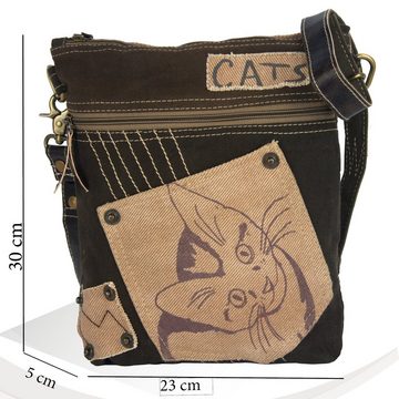 Sunsa Umhängetasche Katzenmotiv Tasche. Braune Umhängetasche. Crossbody Bag mit Fronttasche 52496, aus recyceltem Canvas