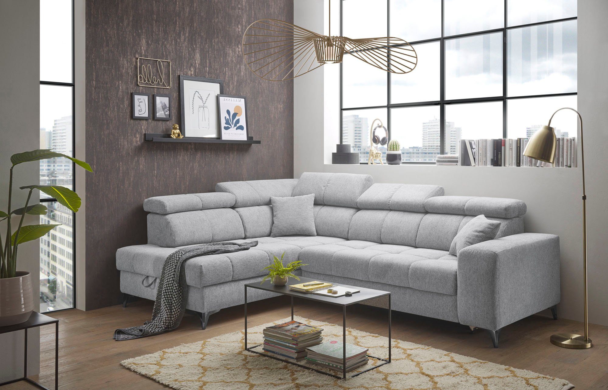 ED EXCITING DESIGN Ecksofa Sydney L-Form mit Bettfunktion, Bettkasten, Kopfteilverstellung, motorischer Sitztiefenverstellung, USB-Port & 2 Zierkissen