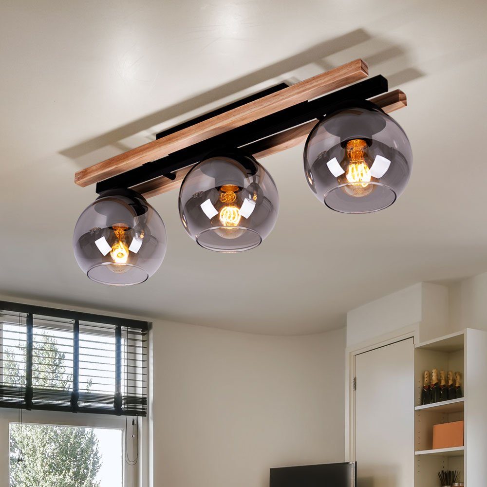 GLOBO LIGHTING Kugelleuchte, Leuchtmittel nicht inklusive, Deckenlampe Esszimmerleuchte Metall Eichenholz rauch 3 Flammig L 60 cm