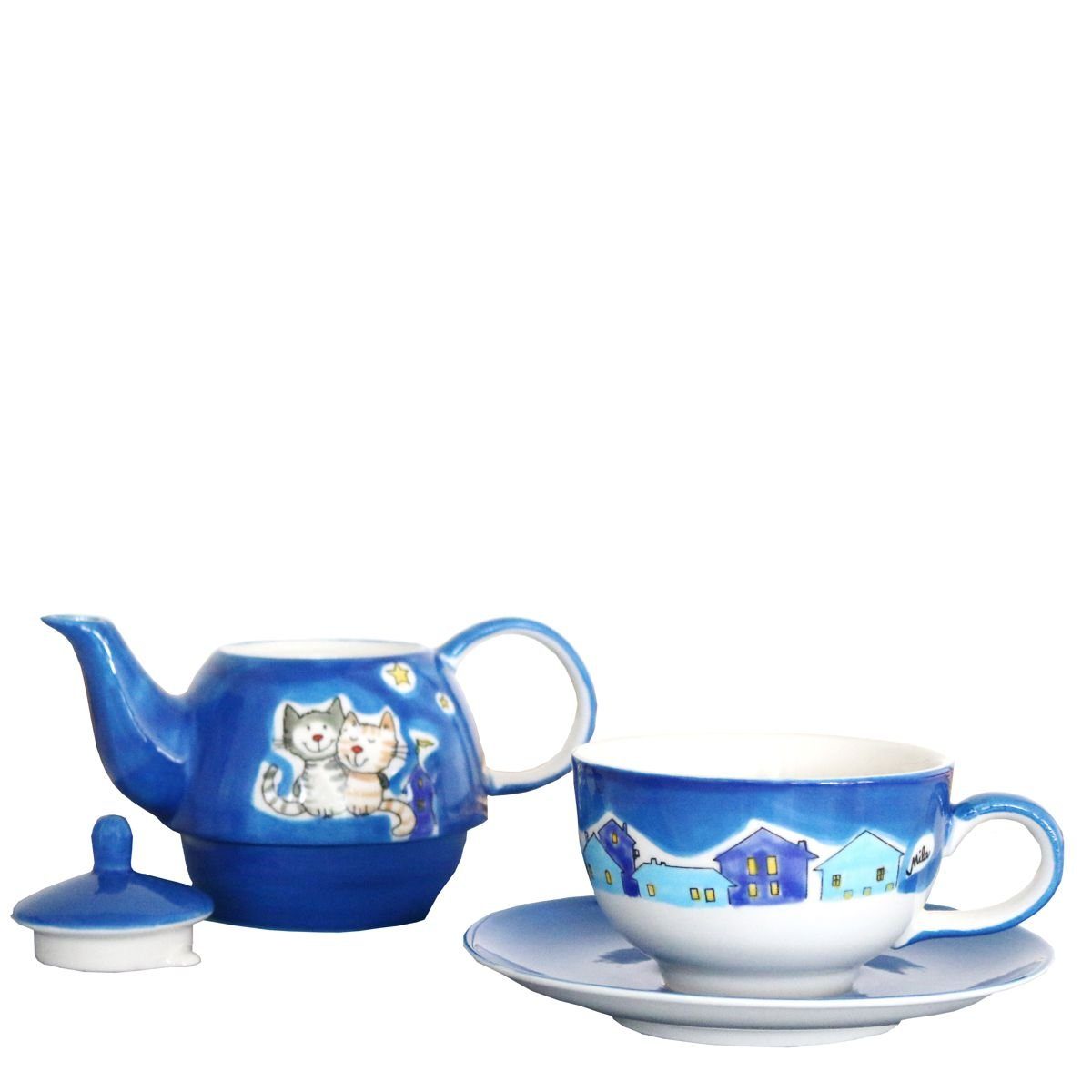 Mila Teekanne Mila Keramik Tee-Set- Tea for One NachtKatzen, 0,4 l, (Set, Tee-Set)
