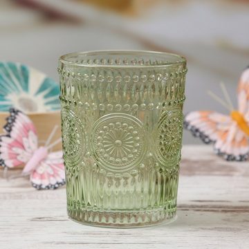MARELIDA Glas Trinkglas grün 280ml Wasserglas Saftglas Vintage Boho Blumenmuster, Glas