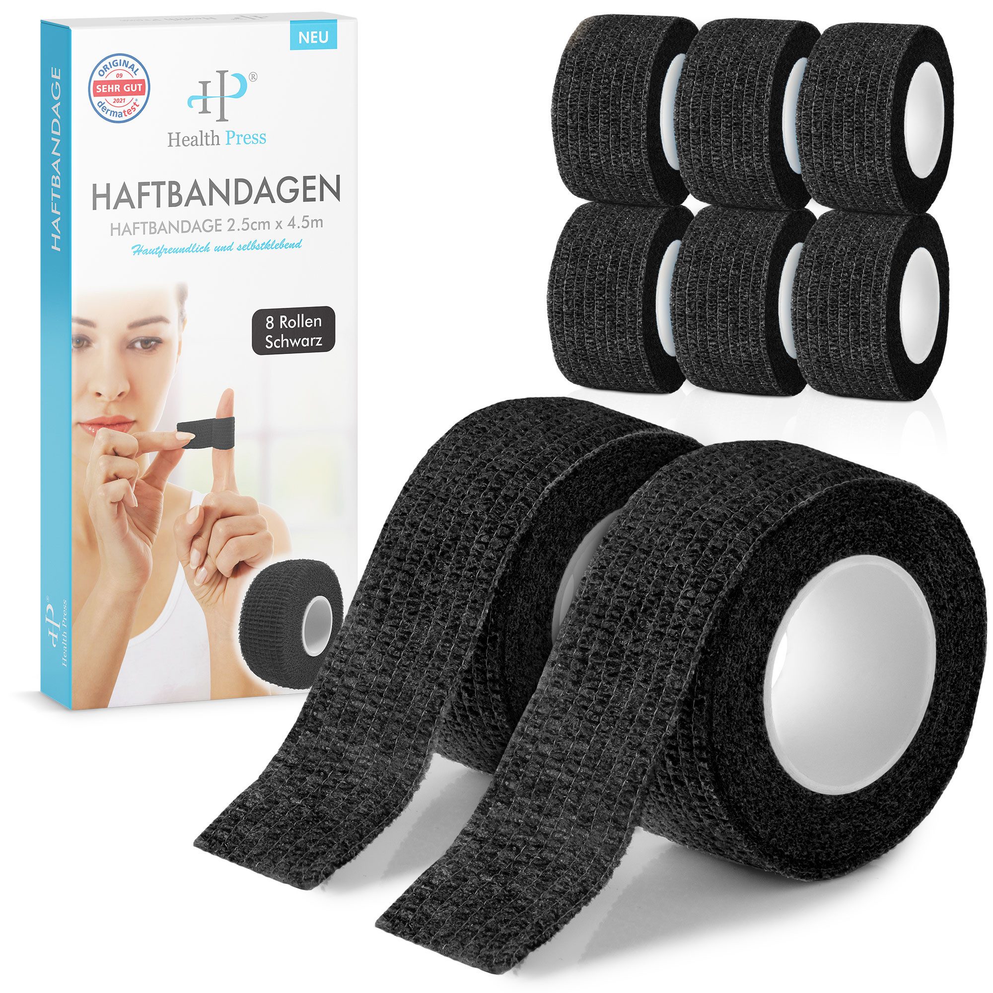 Health Press Bandage Fingerpflaster Selbsthaftend - 8x Pflaster Rolle (2,5cm x 4,5m)