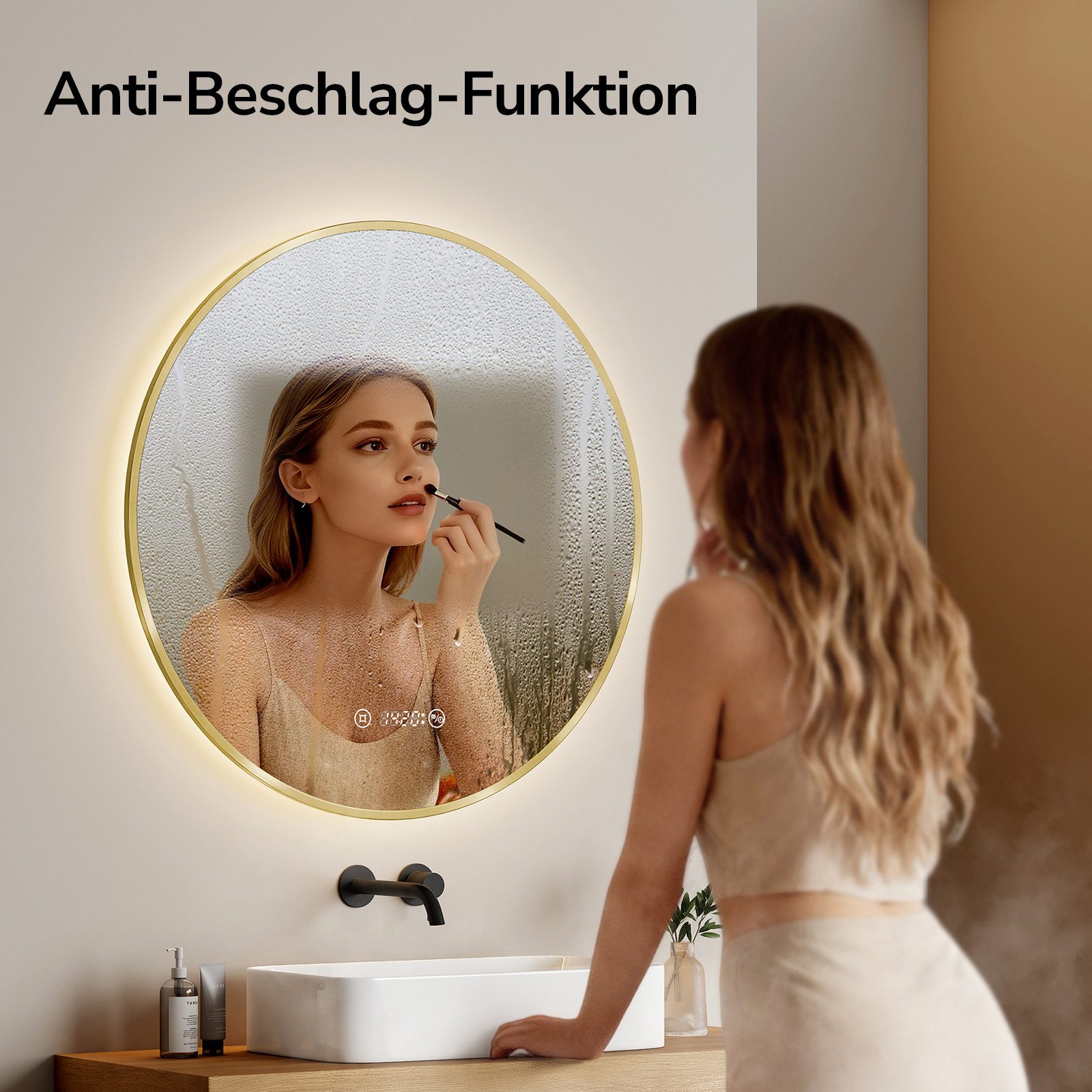 EMKE Badspiegel Rund mit Beleuchtung Gold gebürstet Rahmen (Modell R9, Φ 60-80 cm, Touchschalter), Antibeschlage, Uhr, Temperatur, Dimmbar, Memory-Funktion, IP44