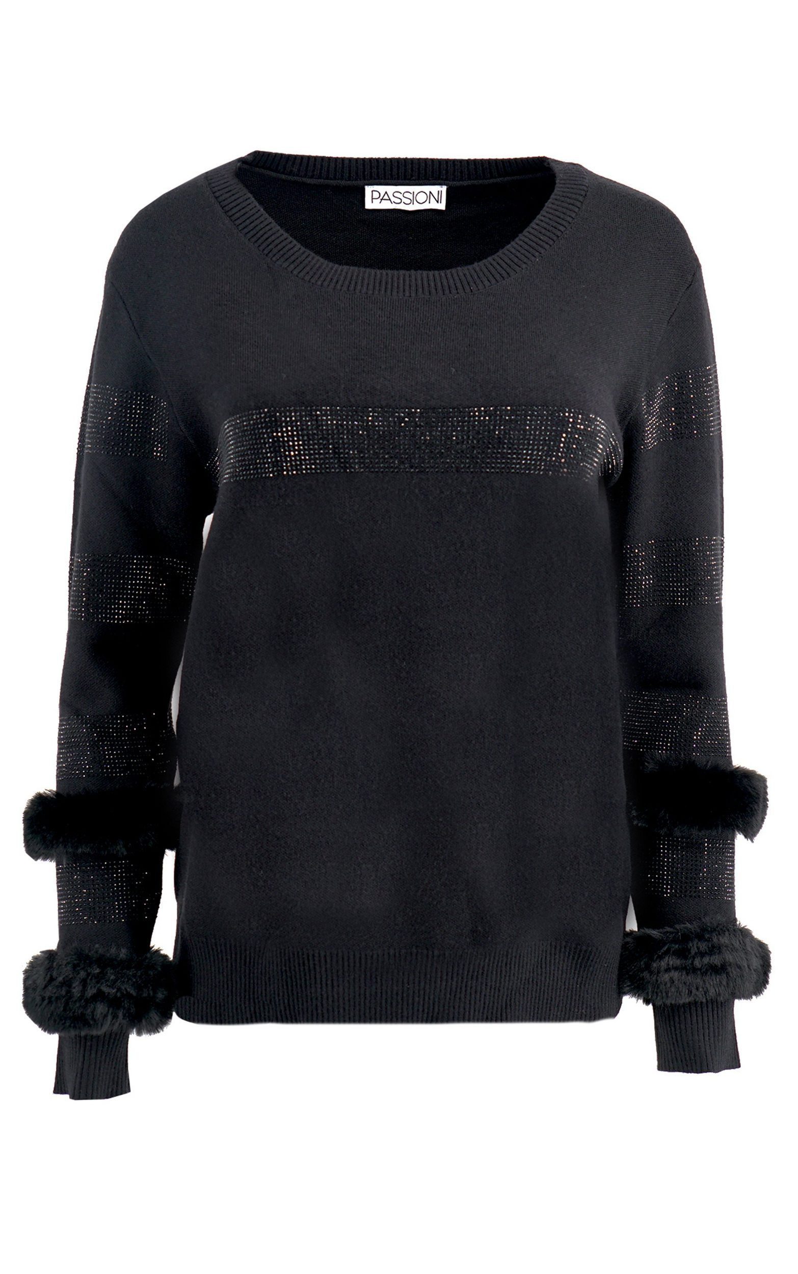 PASSIONI Strickpullover Modischer schwarzer Pullover mit Kunst-Fell- und Glitzerdetails Streifen, Kunstfell, Glitzerdetails mehr