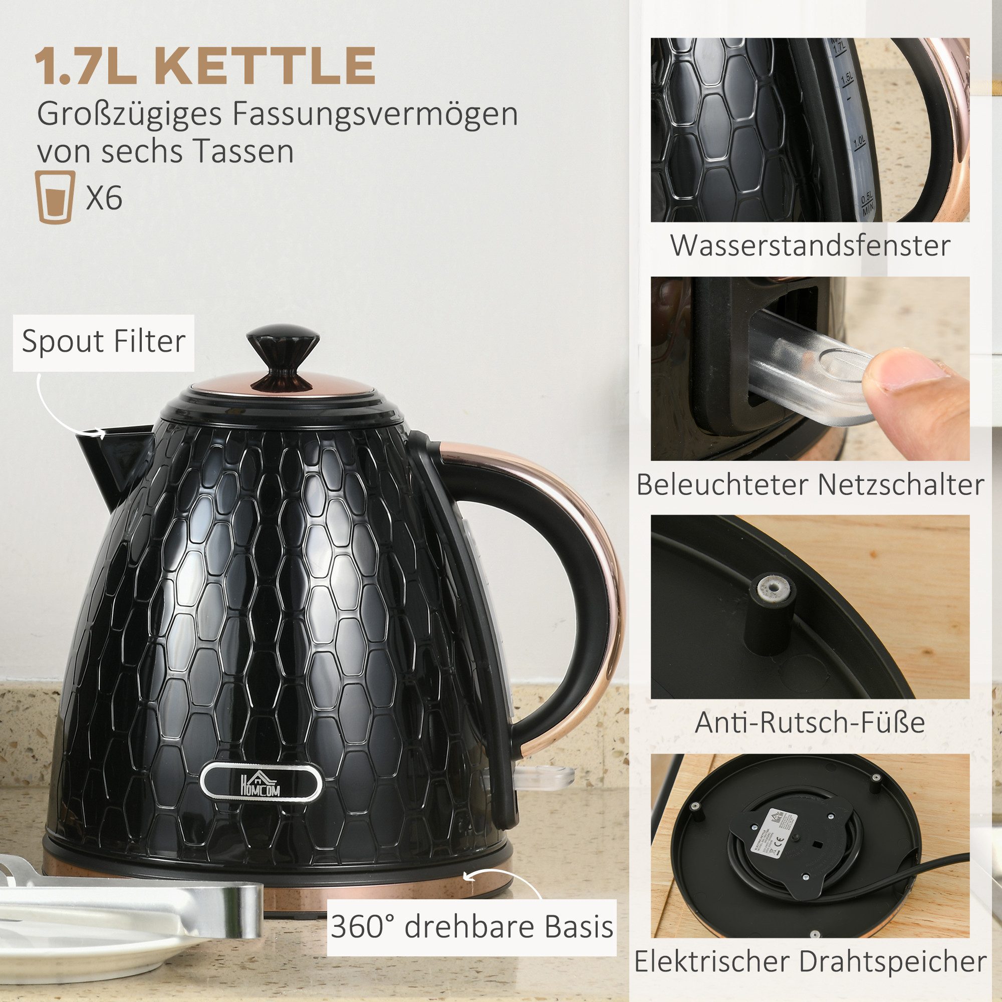 HOMCOM Toaster Wasserkocher Frühstücksset mit 7 Bräunungsstufen, Krümelfach, 4 Schlitze, für 4 Scheiben, 2200 W, mit automatischer Abschaltung, Auftau- & Aufwär – Bild 4 von 5