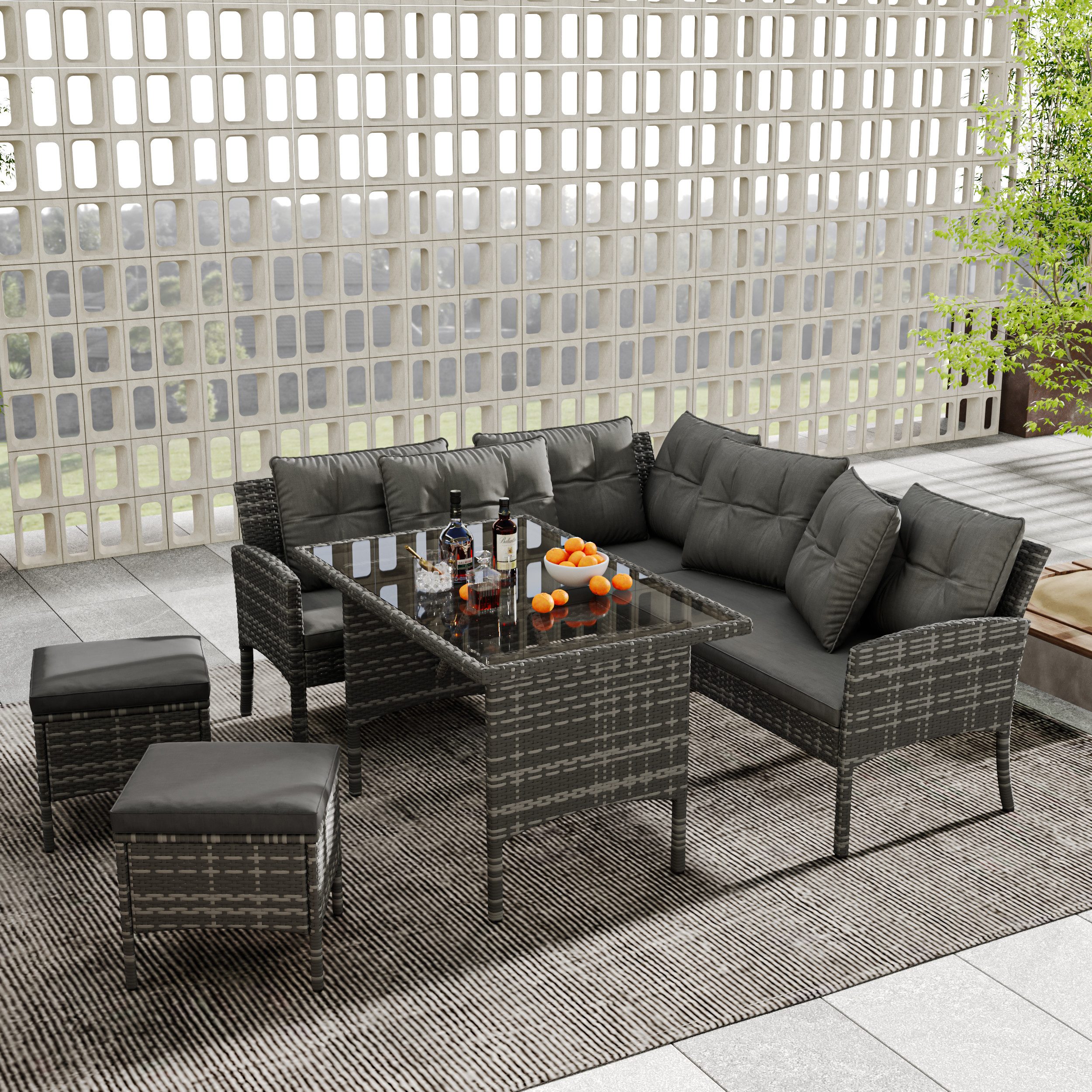 REDOM Garten-Palettensofa Poly-Rattan Lounge für 7 Personen mit Sofa & Tisch, für 7 Personen, farbe Grau, Sitzgarnitur für Garten, mit Sofa, Tisch, Hocker & Kissen, Stoffbezug waschbar