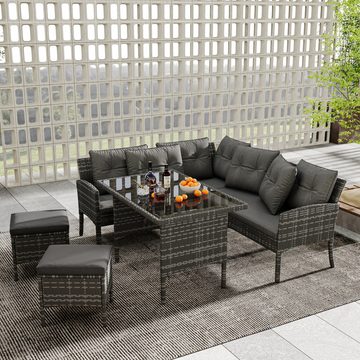 REDOM Gartenlounge-Set 7-Sitzer L-förmiges Gartenmöbel, für 7 Personen, mit Sofa, Tisch, Hocker & Kissen