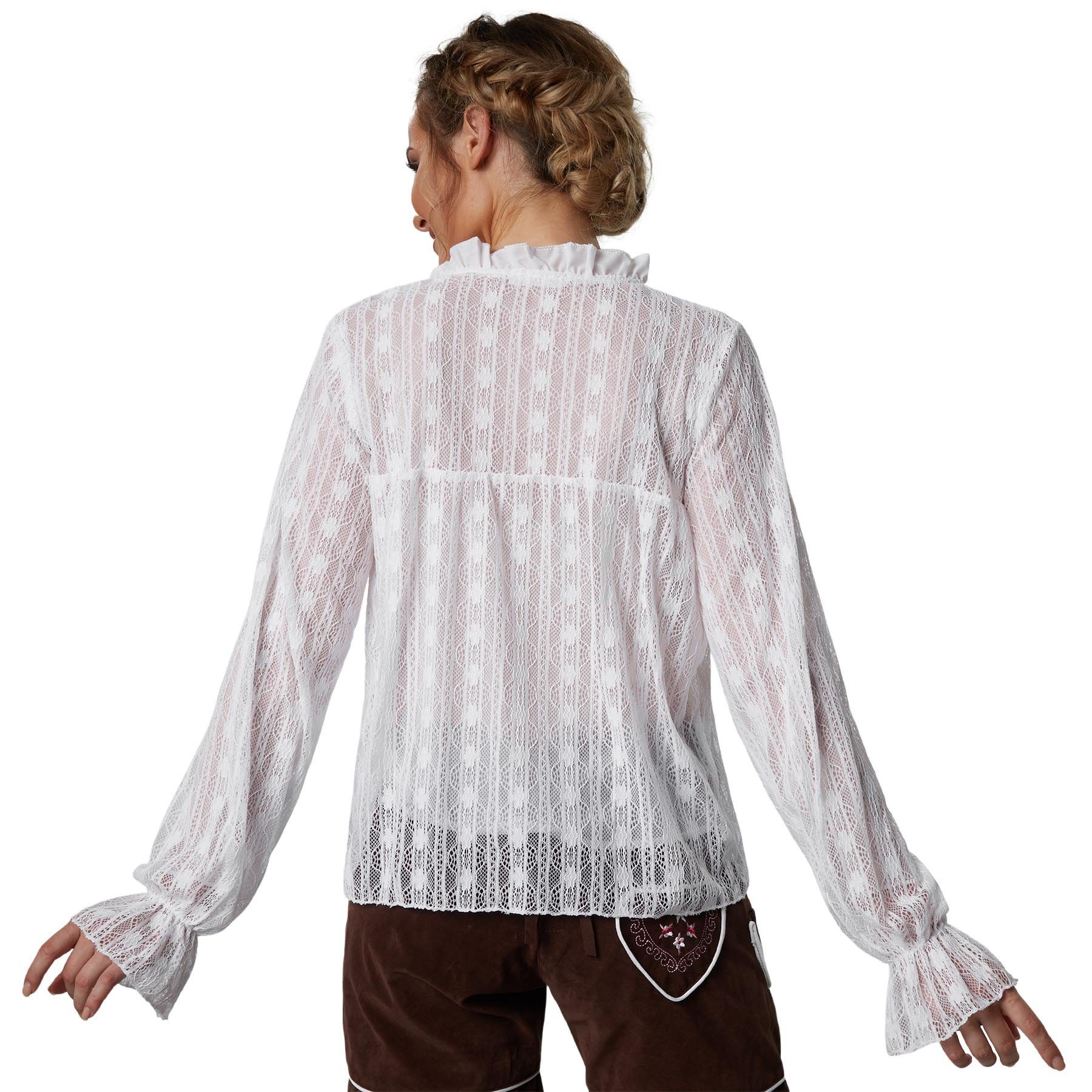 dressforfun Trachtenbluse Dirndlbluse aus Tüll und Spitze mit ausgestellten Ärmelenden (Landhausbluse Susannerl, in weiß) Vertikalmuster, Tülleinsatz innen, Qua – Bild 5 von 5