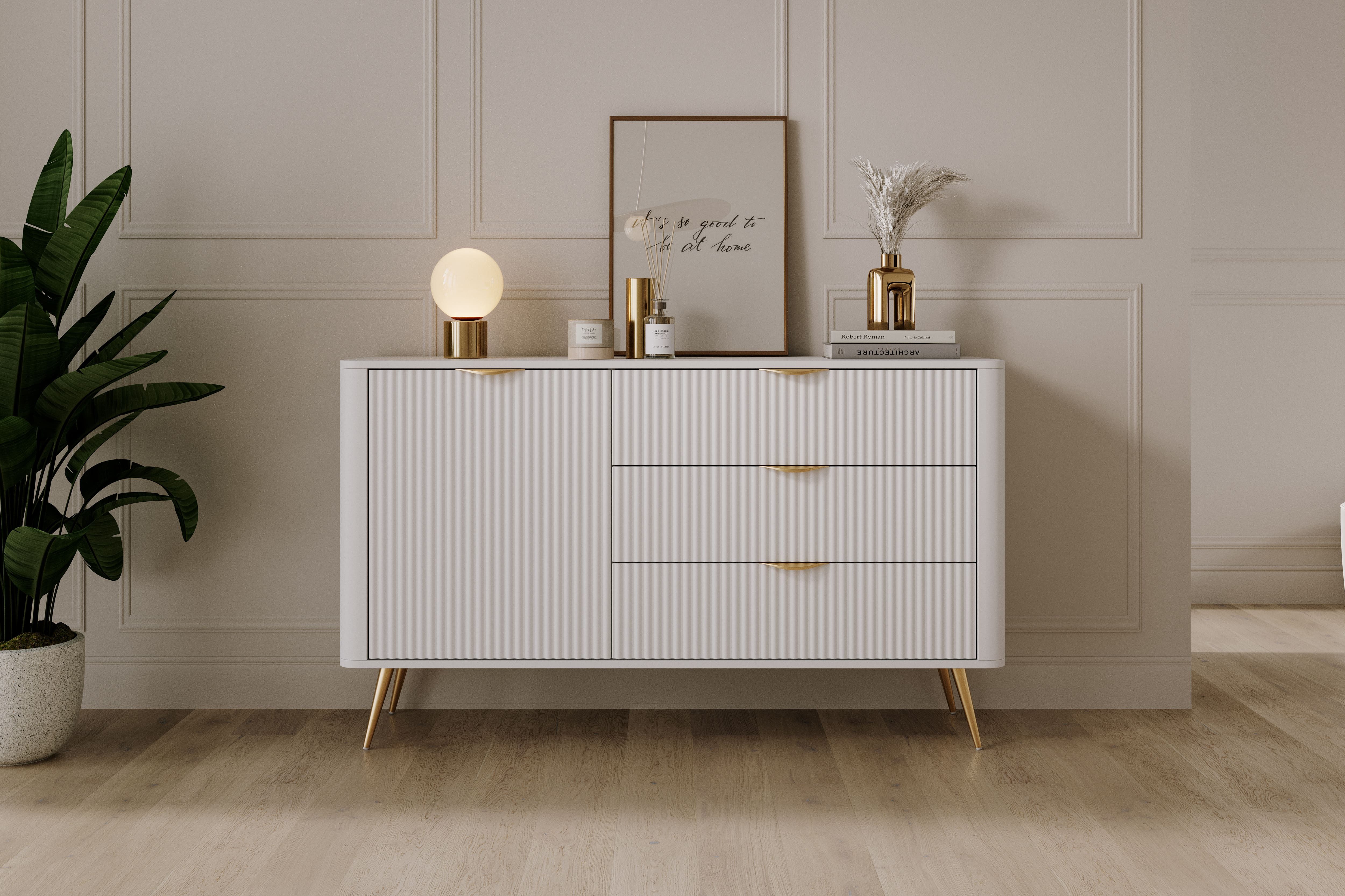 MOEBLO Kommode Pholx D 138 D3S (Griffe und Beine aus Metall, geriffelte-Fronten, Sideboard Wohnzimmer Kommode Schlafzimmer Komodenschrank Highboard)