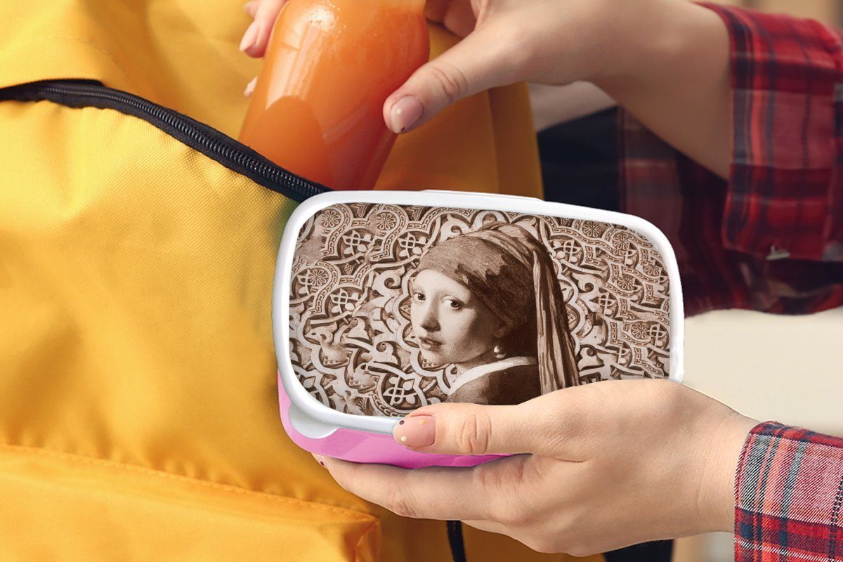 MuchoWow Lunchbox Das Mädchen mit - Brotbox Johannes Kunststoff, rosa - Brotdose Perlenohrring Erwachsene, Snackbox, Kinder, (2-tlg), für Braun, Mädchen, Kunststoff Vermeer dem