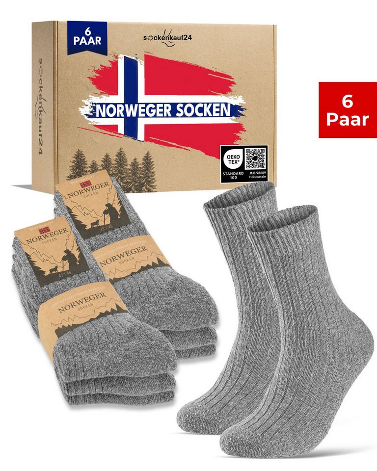 sockenkauf24 Norwegersocken Wintersocken warme Wollsocken Damen & Herren (Grau, 6-Paar, 35-38) gepolsterte Frotteesohle - 20100