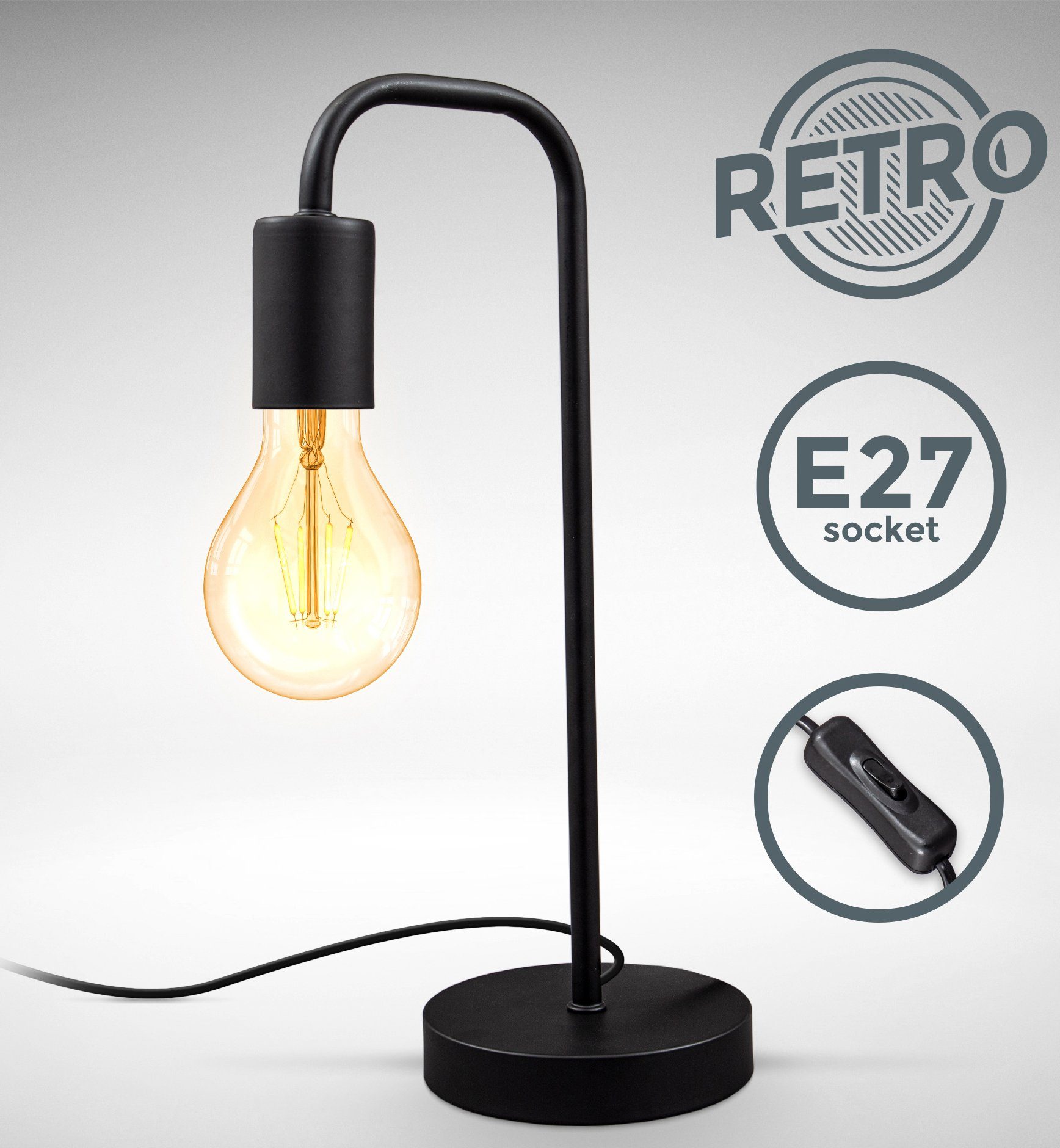 B.K.Licht Tischleuchte BK_TL1381 Retro Tischlampe, Gebogen, Matt-Schwarz, E27, ohne Leuchtmittel, Kabel mit Schalter, Metall, Runde Leselampe – Bild 3 von 5
