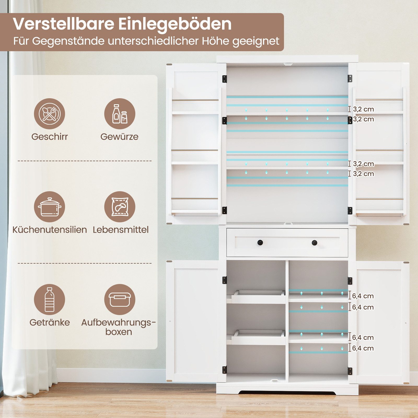 COSTWAY Vorratsschrank Küchenbuffet Hochschrank, mit Schiebetabletts, 184cm – Bild 4 von 5