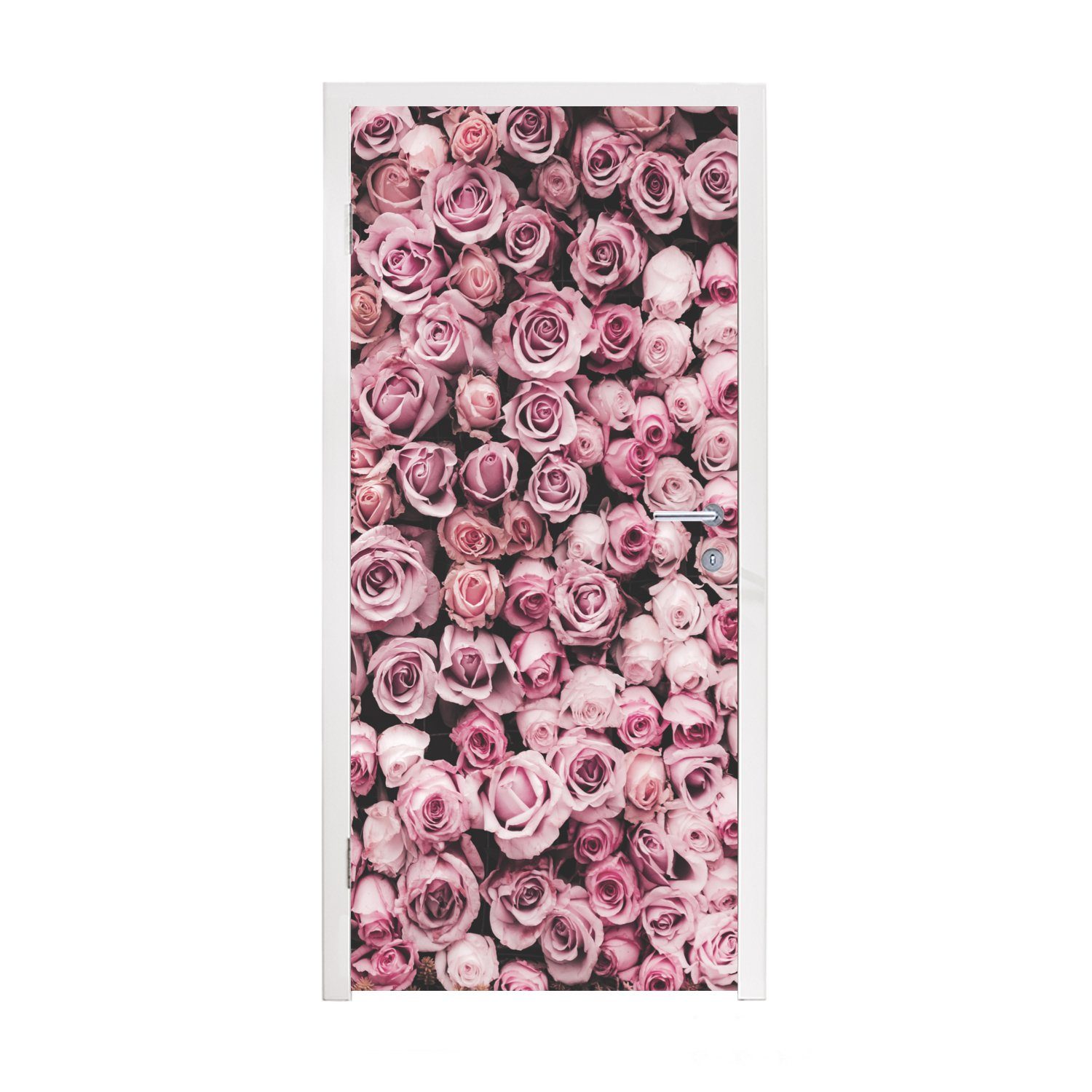 MuchoWow Türtapete Blumen - Rosen - Natur - Rosa - Botanisch, Matt, bedruckt, (1 St), Selbstklebende Tapete, Folie für Möbel, 75x205 cm