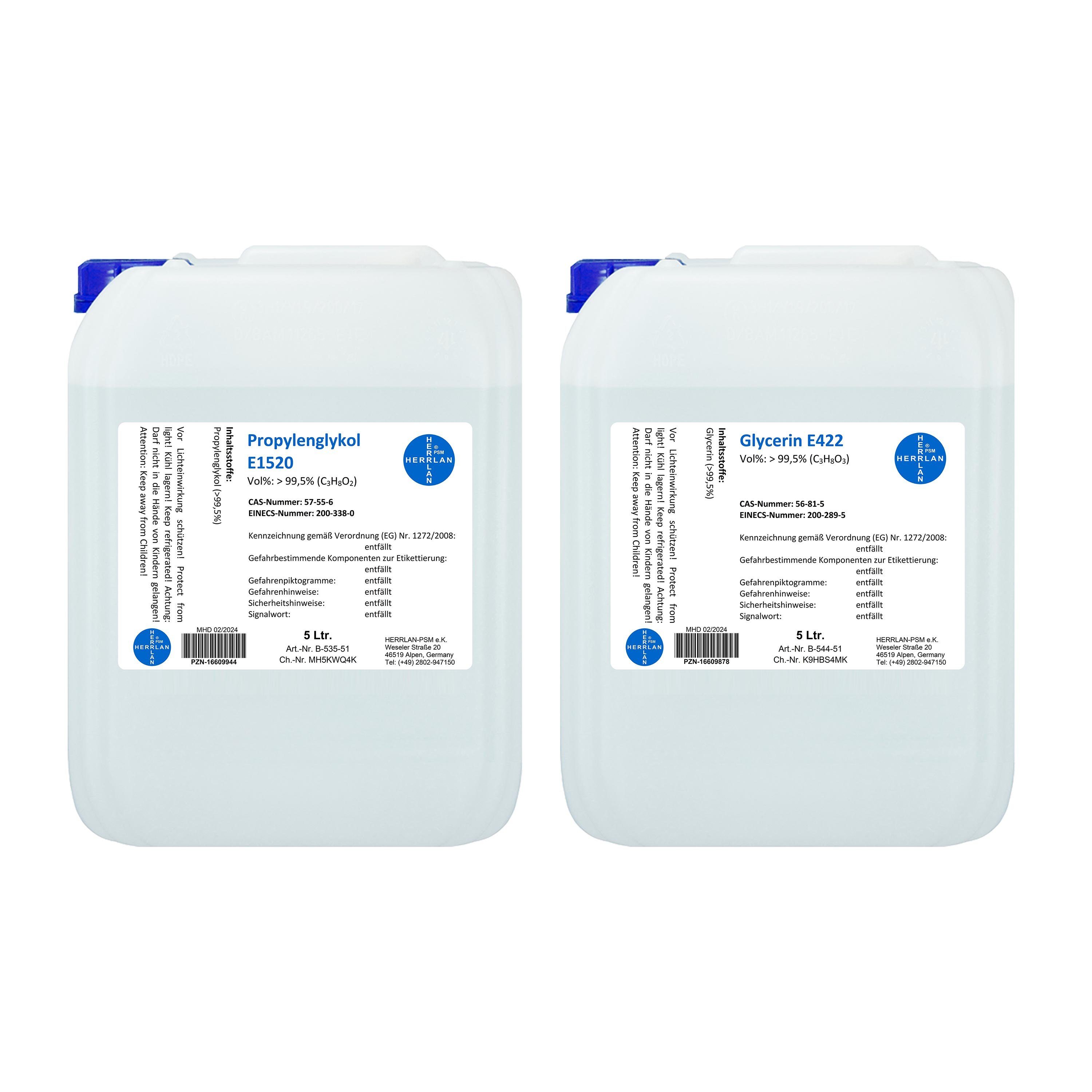 HERRLAN Rohseife Glycerin + Propylenglykol - 99,5% - zum Vorteilspreis, 5 Liter Glycerin + 5 Liter Propylenglykol