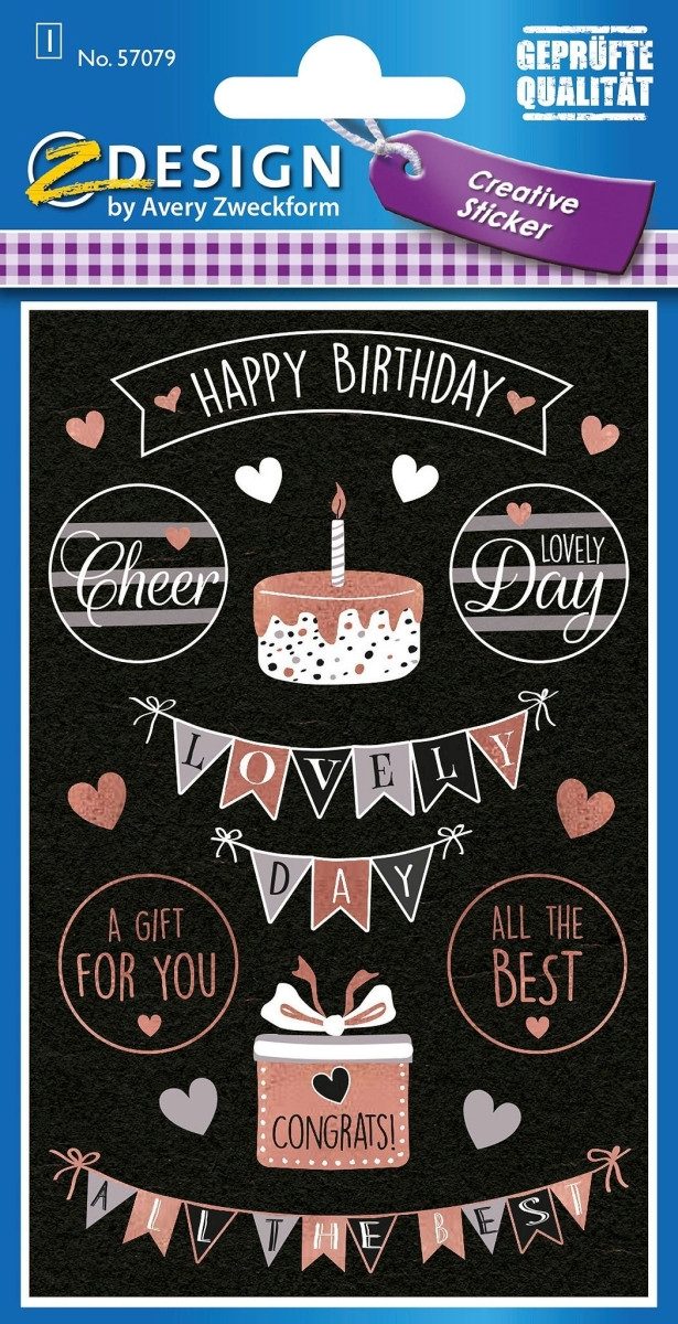 Avery Zweckform Etiketten Creative Papier-Sticker Happy Birthday 18 Stück bunt 1 Bogen