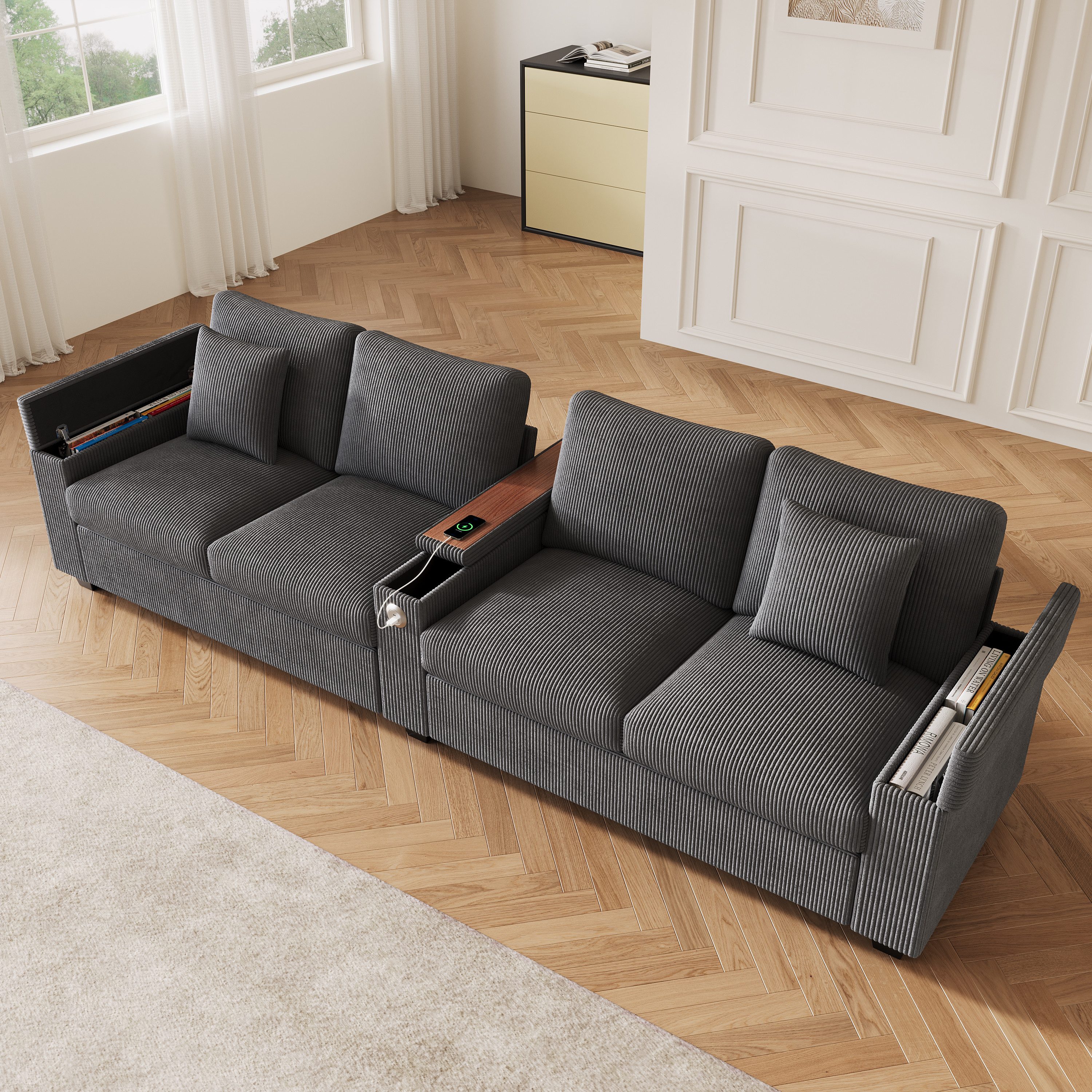 Merax 4-Sitzer Cord Sofa mit USB & USB-C, 1 Teile, Cordsofa mit 2 Zierkissen, klappbarer Mittelarmlehne & Stauraum