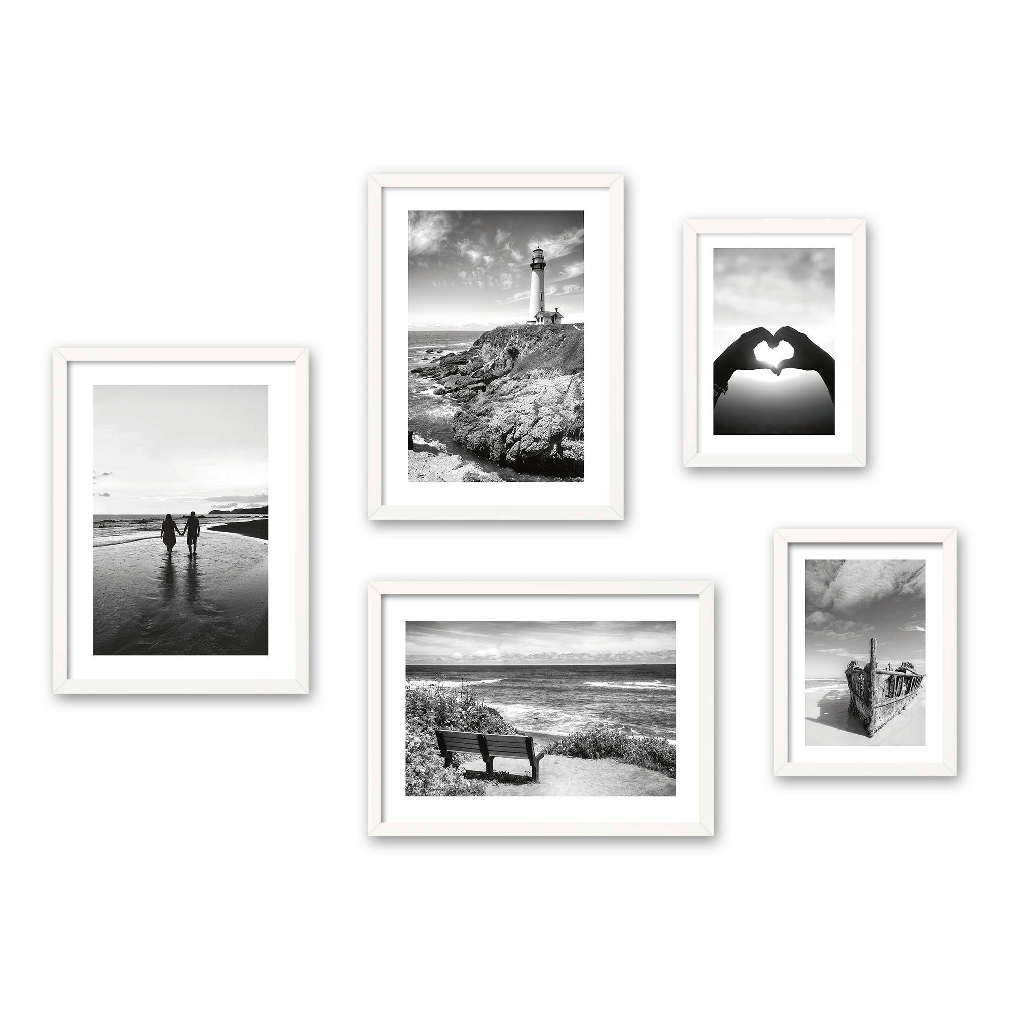 Kreative Feder Poster, Schwarz Weiß, Vintage, Liebe, Herz, Landschaft, Natur, Romantik, Meer, Strand (Set, 5 St), 5-teiliges Poster-Set, Wandbild, Posterwand, optional mit Rahmen