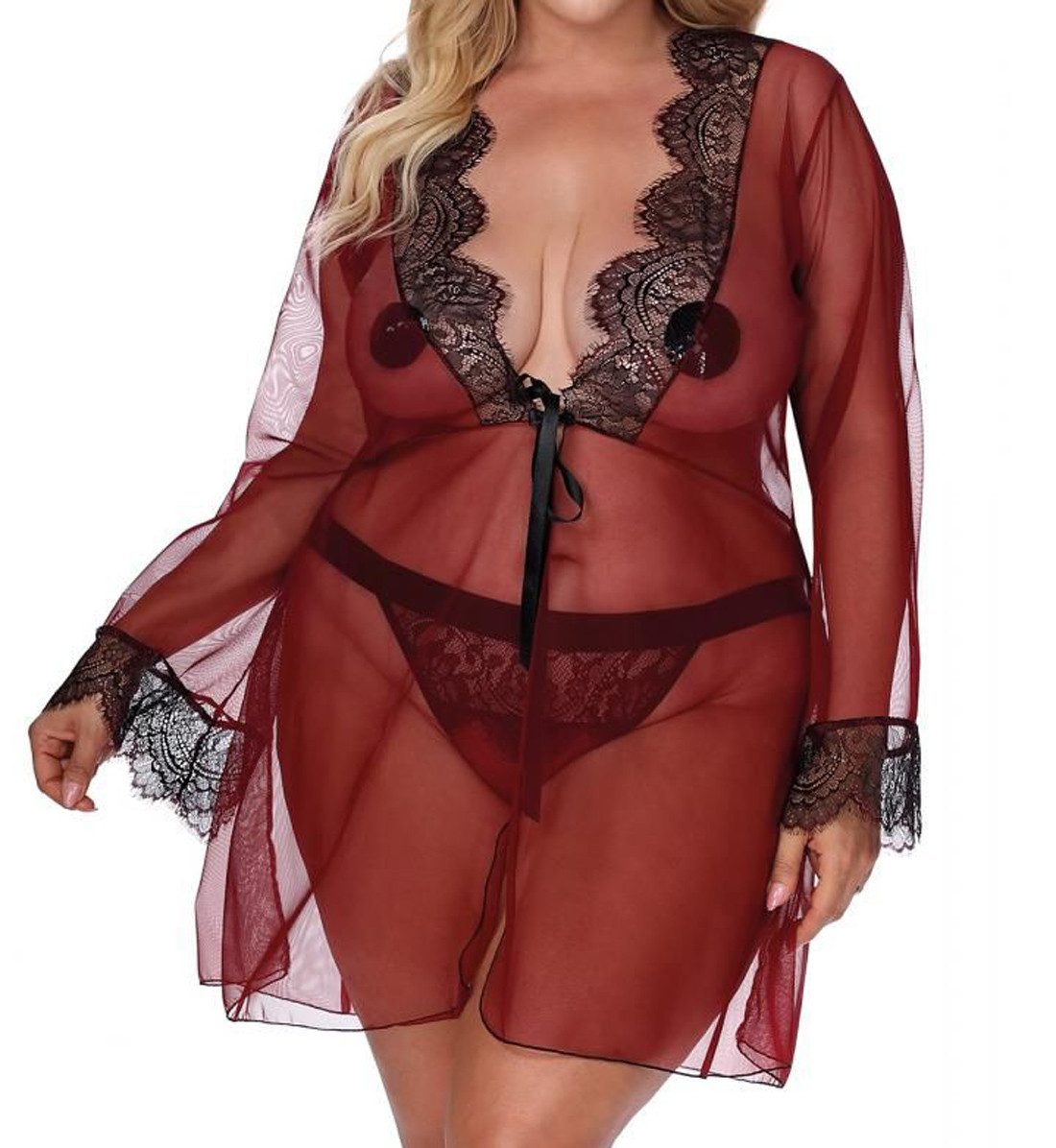 Anais Apparel Size Plus Morgenmantel Dunkelroter Dessous Morgenmantel mit Spitze und Tüll XXL Plus Size Pei