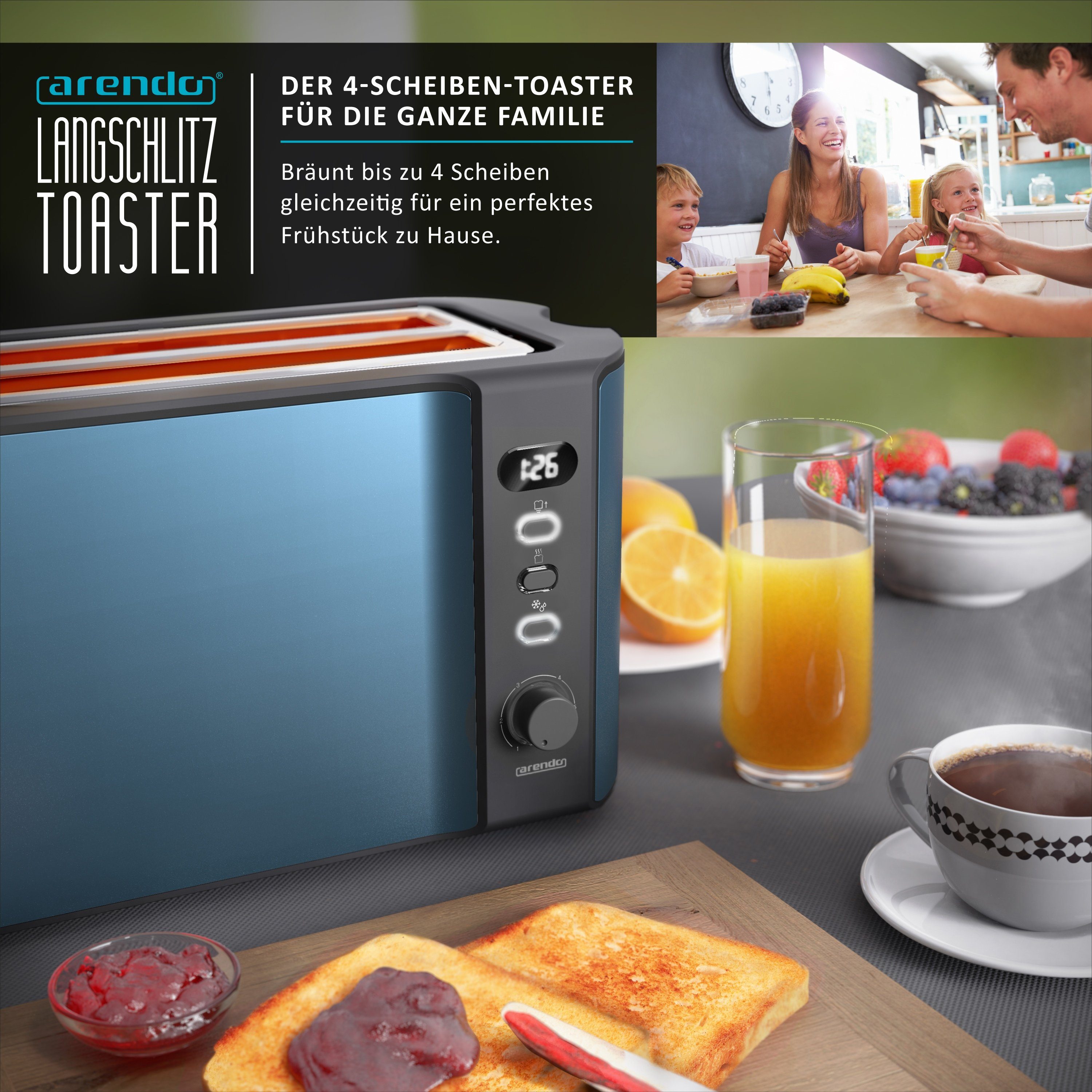 Arendo Toaster, W, Brötchenaufsatz, Display 1500 2 blau Scheiben, Langschlitz, lange für Gehäuse, 4 Wärmeisolierendes Schlitze
