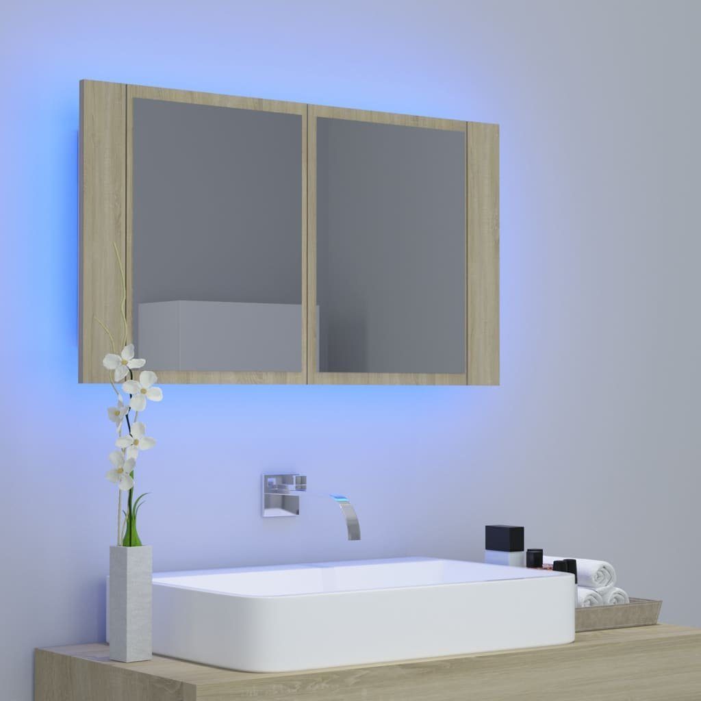 vidaXL Badezimmerspiegelschrank LED-Bad-Spiegelschrank Sonoma-Eiche 80x12x45 (1-St) Sonoma Eiche Acryl cm