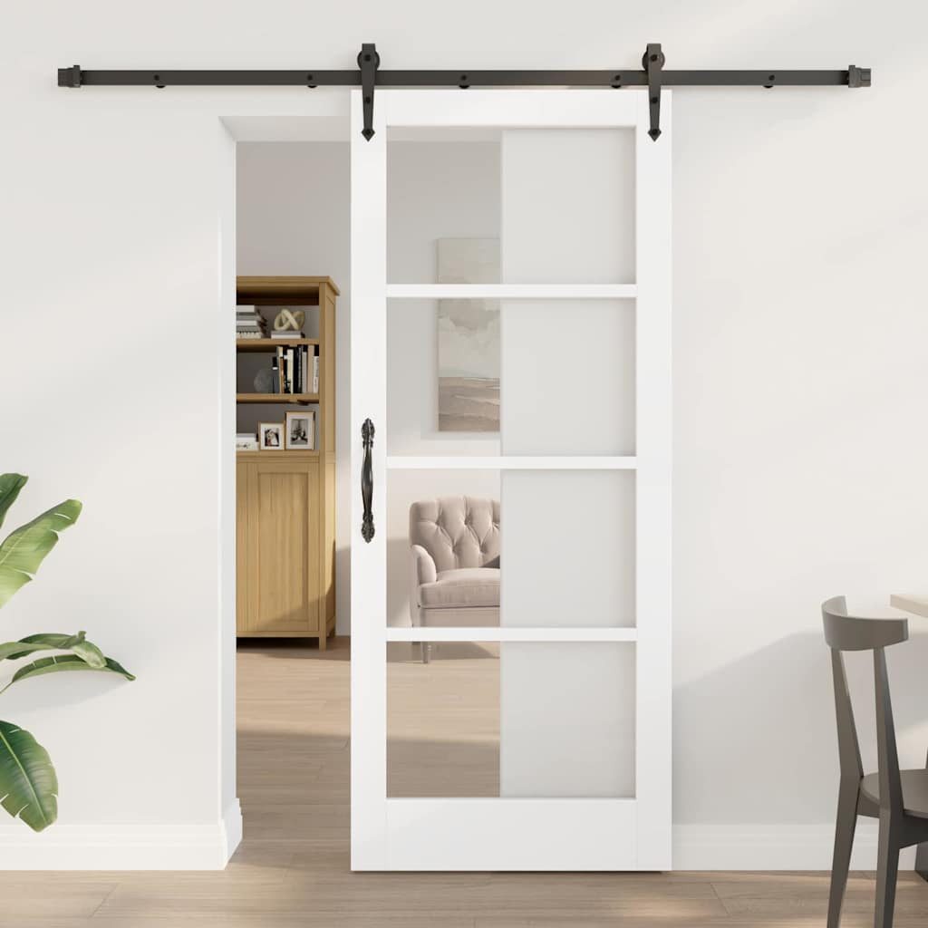 furnicato Schiebetür ORKDAL Massivholz Glas 83 x 202 cm Weiß, Leise gleitende Glasschiebetür mit Hardware-Set für deinen Flur