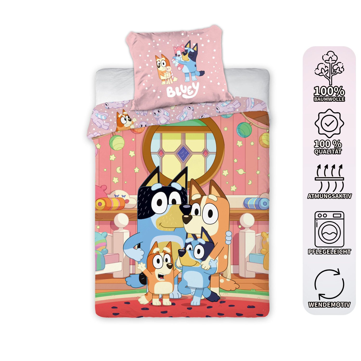 BrandMac Kinderbettwäsche Bluey Familie Bettwäsche Set 2 tlg. 135x200 cm 80x80cm Baumwolle, 1 teilig, Langlebig