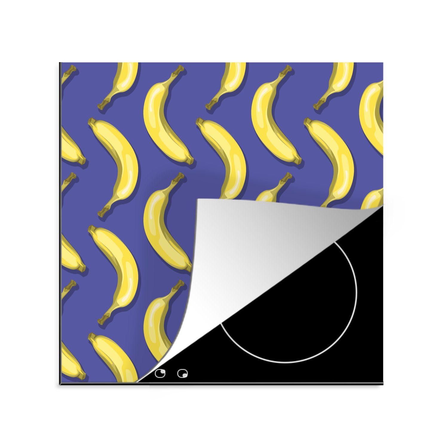 MuchoWow Herdblende-/Abdeckplatte Banane - Muster - Blau, Vinyl, (1 tlg), 78x78 cm, Ceranfeldabdeckung, Arbeitsplatte für küche