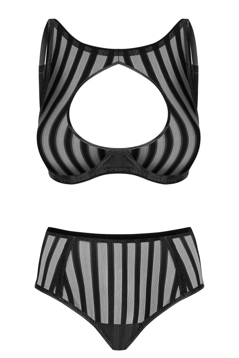 Set: Dekolleté-BH Damen Reizwäsche Dessous Set High Neck Bügel-BH und Panty gestreift tr