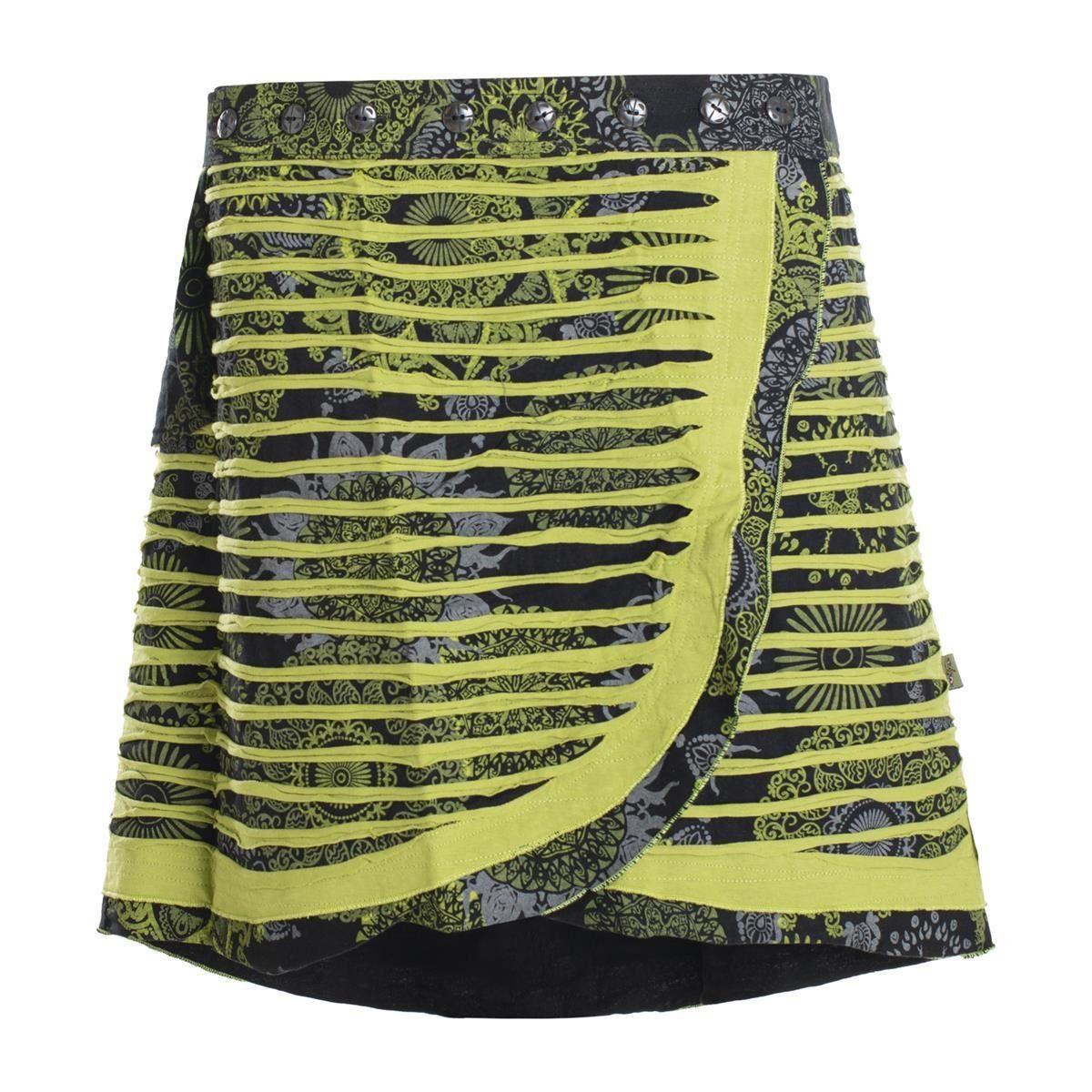 Vishes Wickelrock A Line Wickelrock Kurzrock Mini Skirt mit Knöpfen A-Linie, Ethno, Hippie Style schwarz-grün