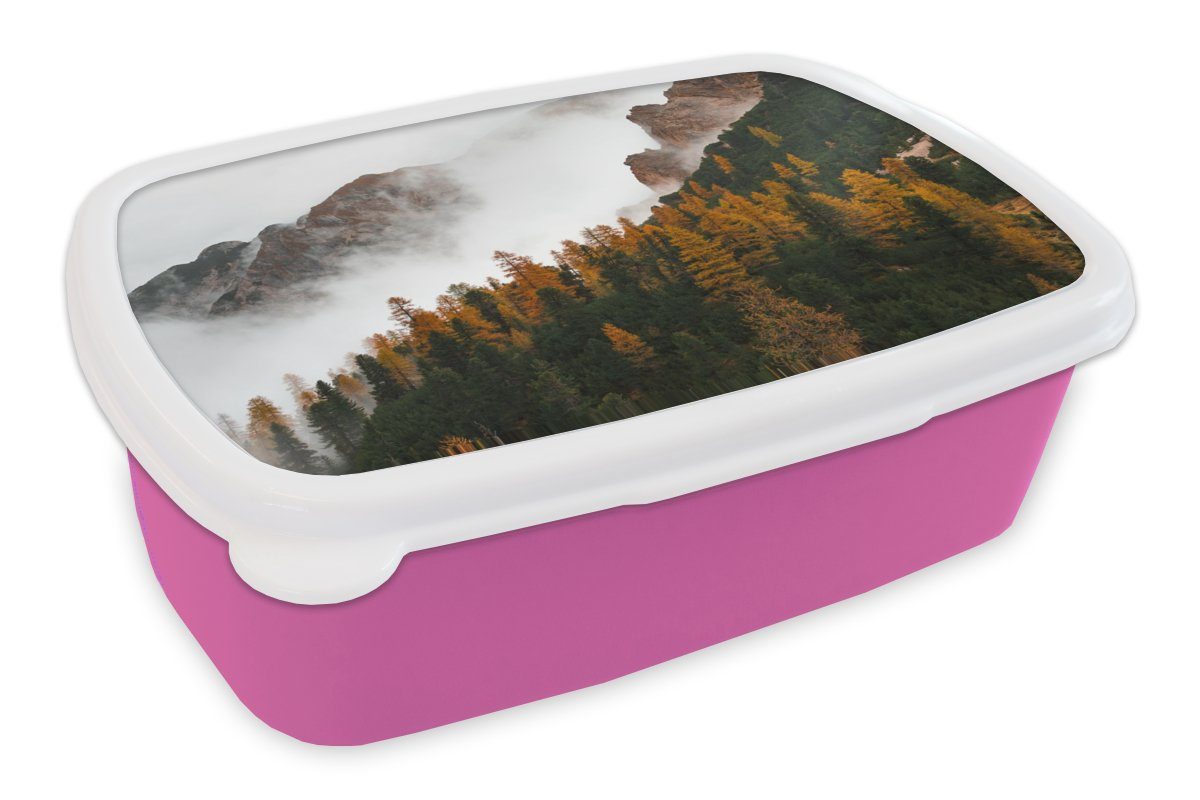 MuchoWow Lunchbox Kiefer - Herbst - Berg - Landschaft, Kunststoff, (2-tlg), Brotbox für Erwachsene, Brotdose Kinder, Snackbox, Mädchen, Kunststoff rosa